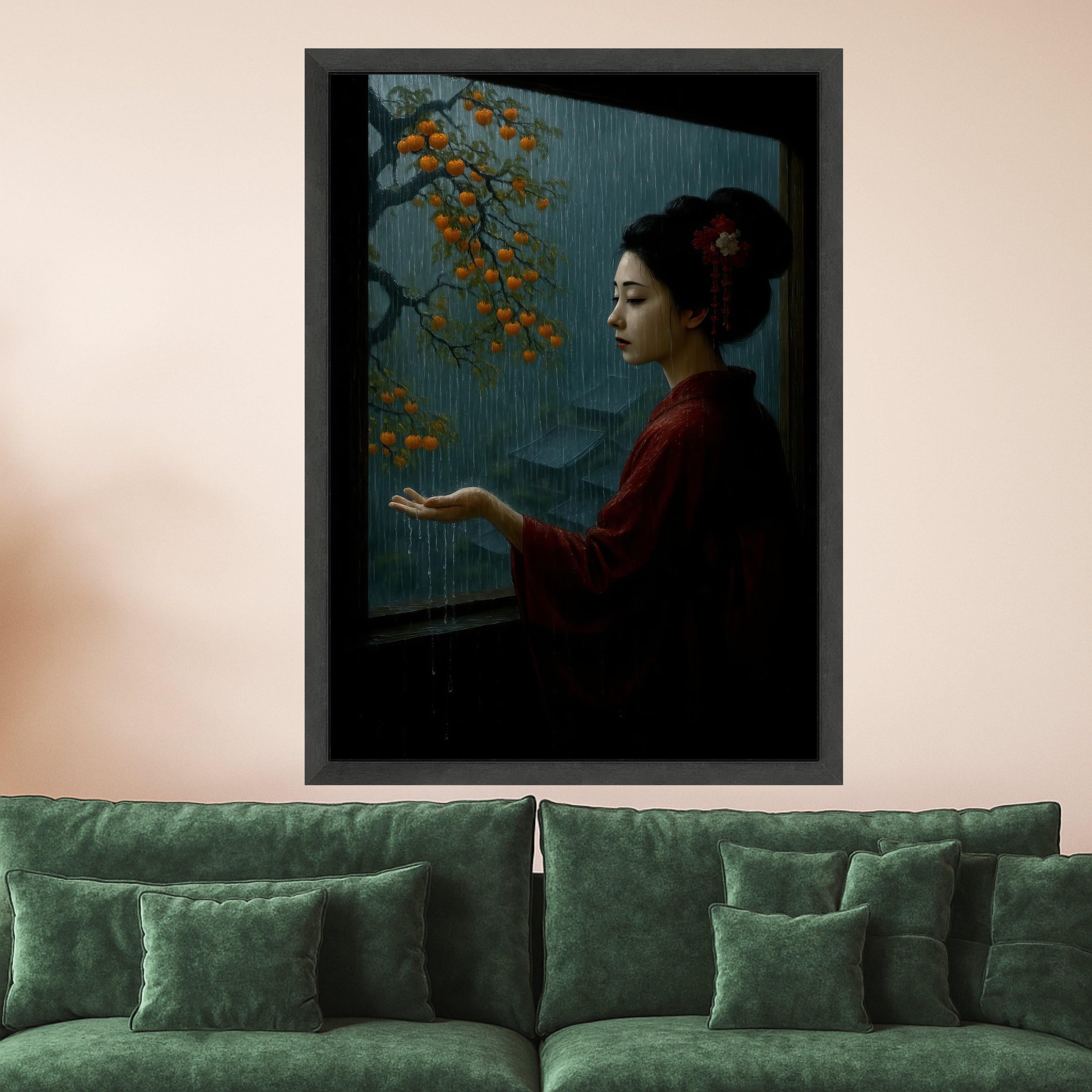 Tranquil Rainy Window Scene, Traditional Japanese Woman Canvas, Oriental Art Print, Persimmon Tree & Rainfall, Moody Asian Ready To Hang,