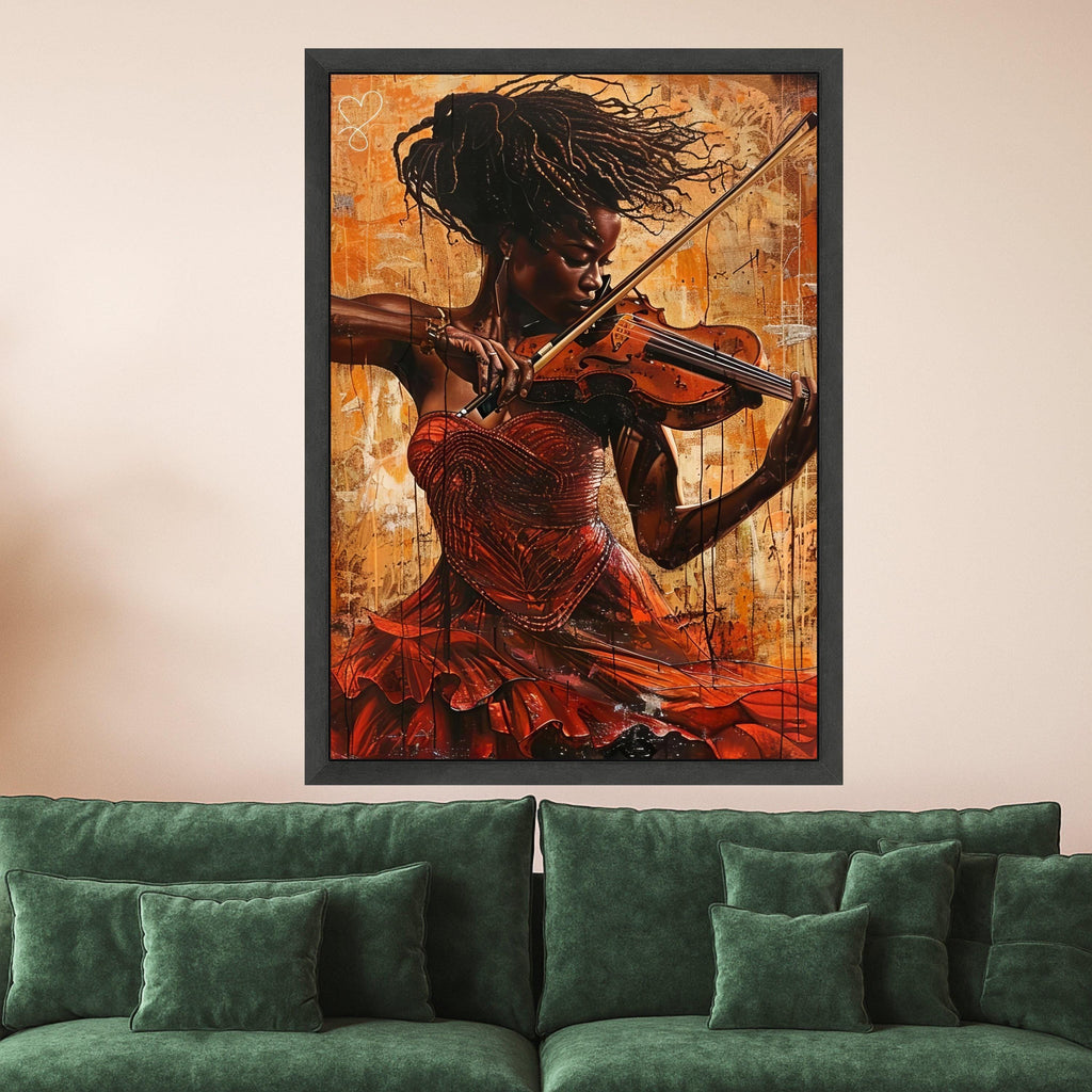 Elegant Violinist Woman Canvas, Musical Instrument Wall Art, African Art Portrait Canvas, Red Dress Decorative Art, Home Ready To Hang,