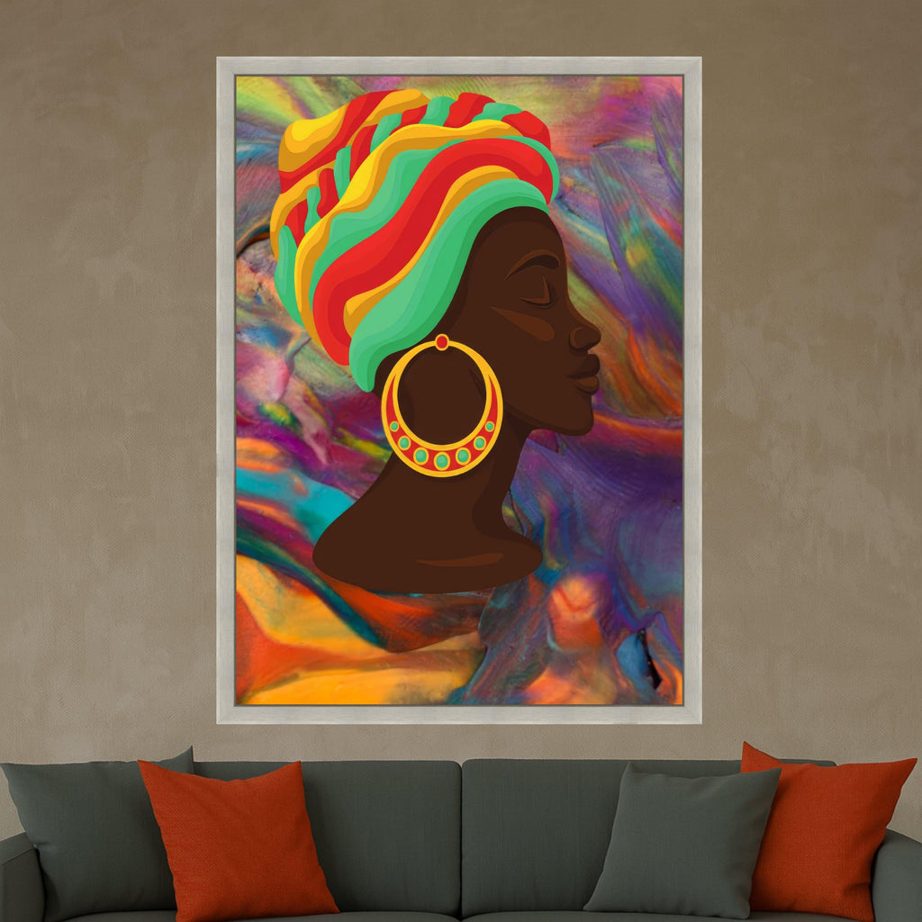 Vibrant African Woman Profile Canvas, Colorful Headwrap Wall Art, Ethnic Portrait Canvas, Multicolor Abstract Background, Ready To Hang,