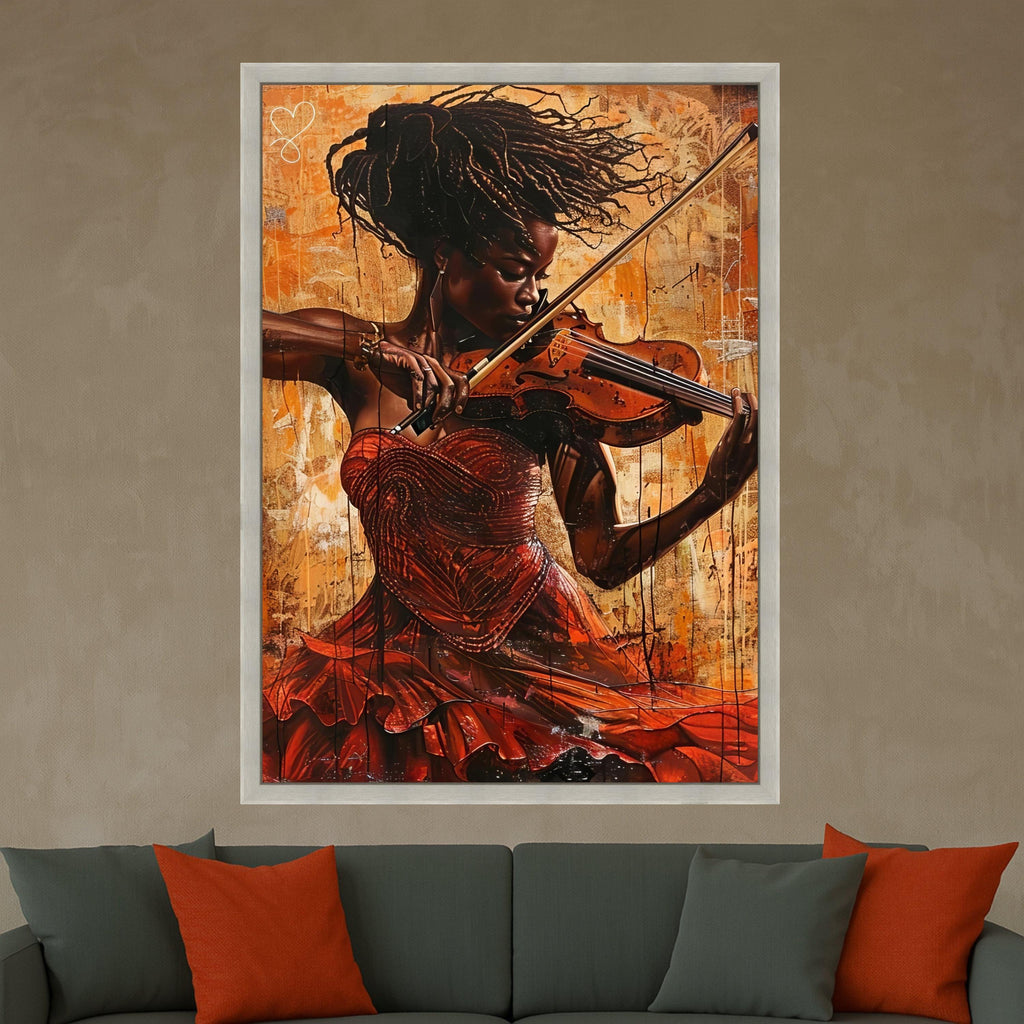 Elegant Violinist Woman Canvas, Musical Instrument Wall Art, African Art Portrait Canvas, Red Dress Decorative Art, Home Ready To Hang,