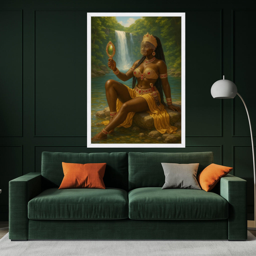 Regal African Queen with Waterfall Canvas, Tribal Goddess Wall Art, Fantasy Portrait Canvas, Exotic Nature Scene, Ornate Ready To Hang,