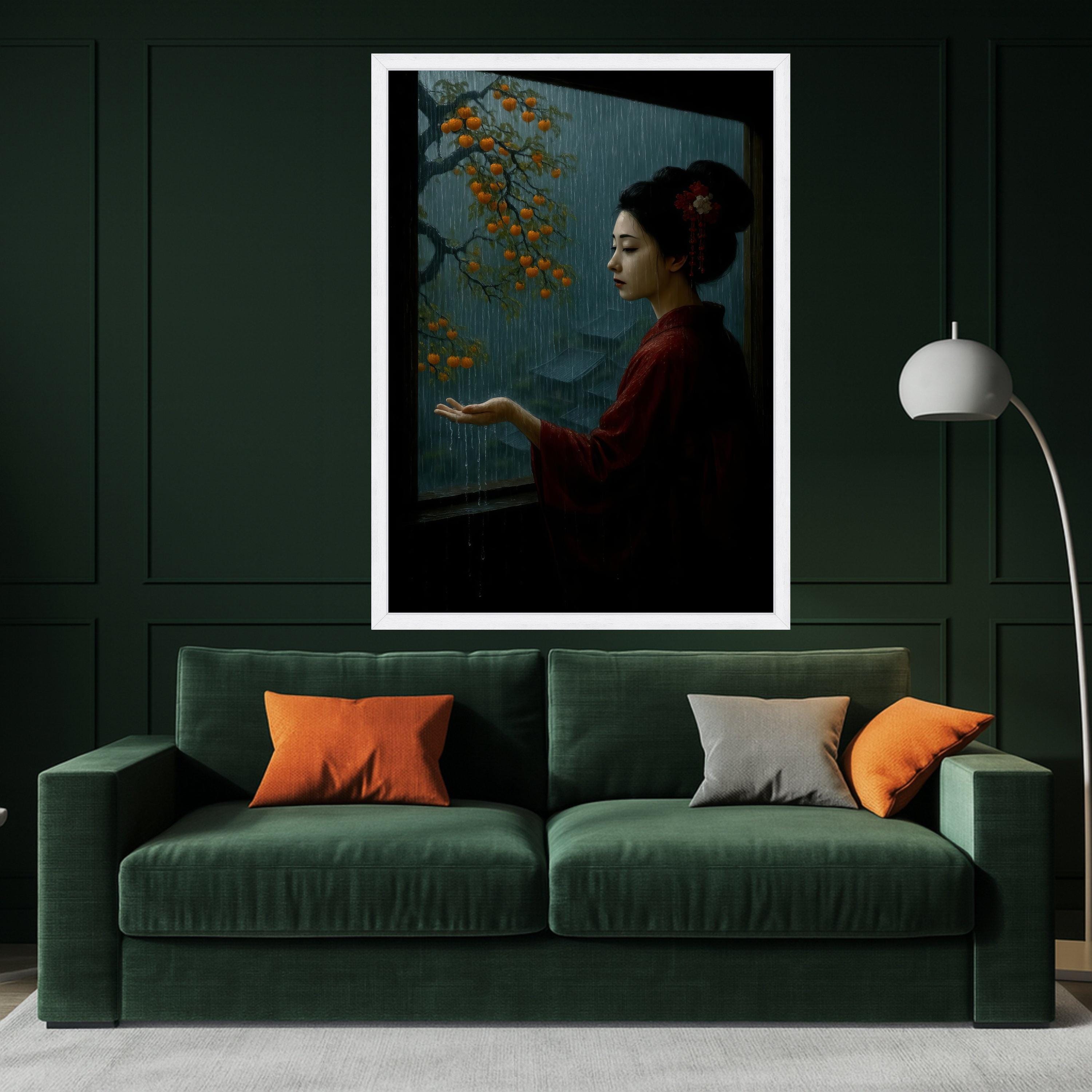 Tranquil Rainy Window Scene, Traditional Japanese Woman Canvas, Oriental Art Print, Persimmon Tree & Rainfall, Moody Asian Ready To Hang,