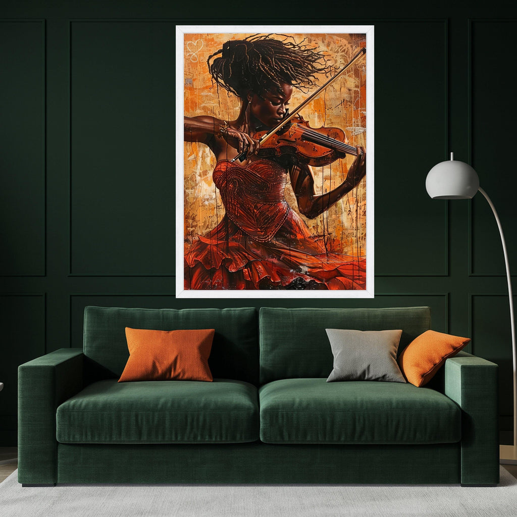 Elegant Violinist Woman Canvas, Musical Instrument Wall Art, African Art Portrait Canvas, Red Dress Decorative Art, Home Ready To Hang,