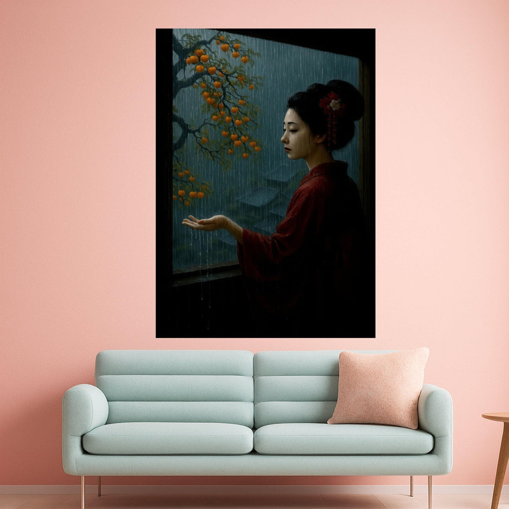 Tranquil Rainy Window Scene, Traditional Japanese Woman Canvas, Oriental Art Print, Persimmon Tree & Rainfall, Moody Asian Ready To Hang,