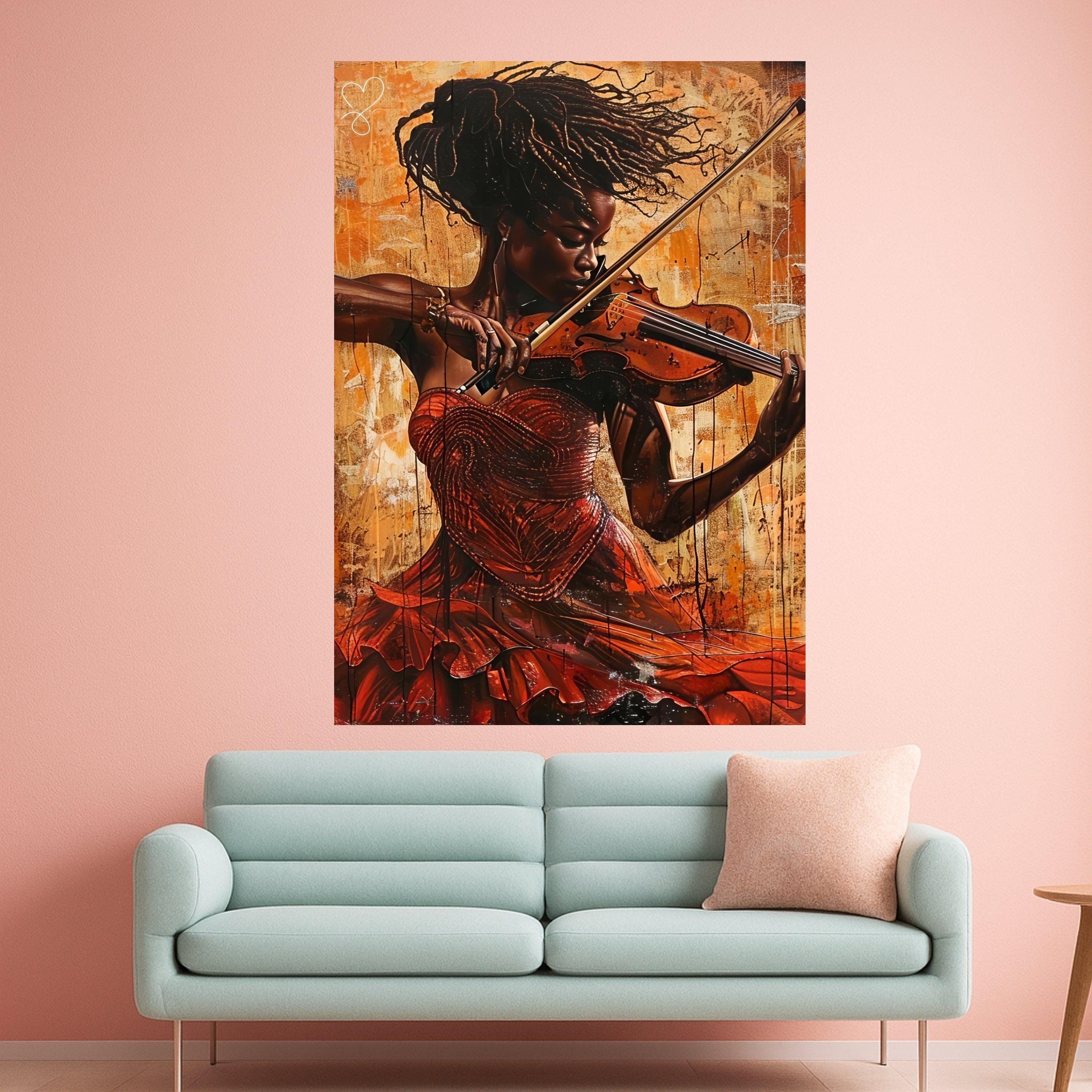Elegant Violinist Woman Canvas, Musical Instrument Wall Art, African Art Portrait Canvas, Red Dress Decorative Art, Home Ready To Hang,