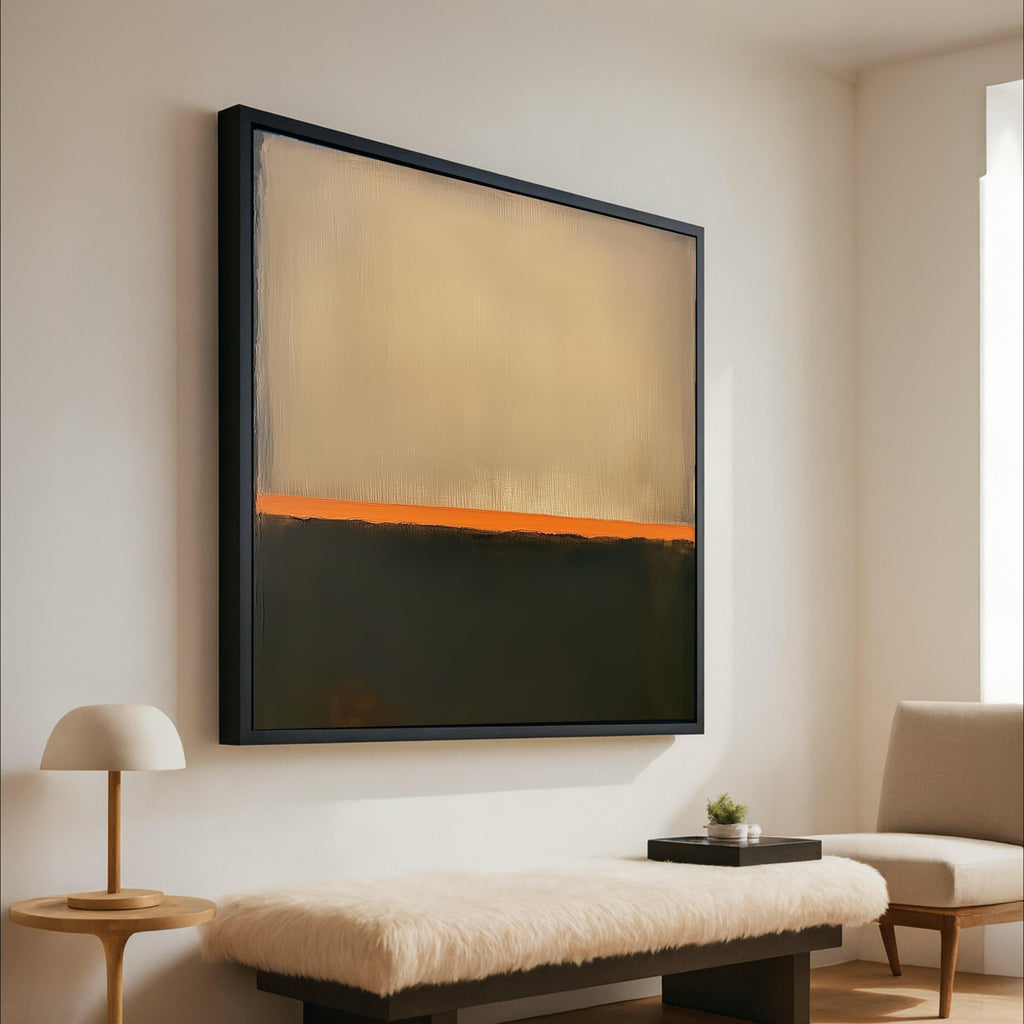 Mark Rothko Inspired No. 12, Beige and Dark Green Canvas, Abstract Color Block Wall Art, Orange Accent Stripe Canvas, Modern Ready To Hang,