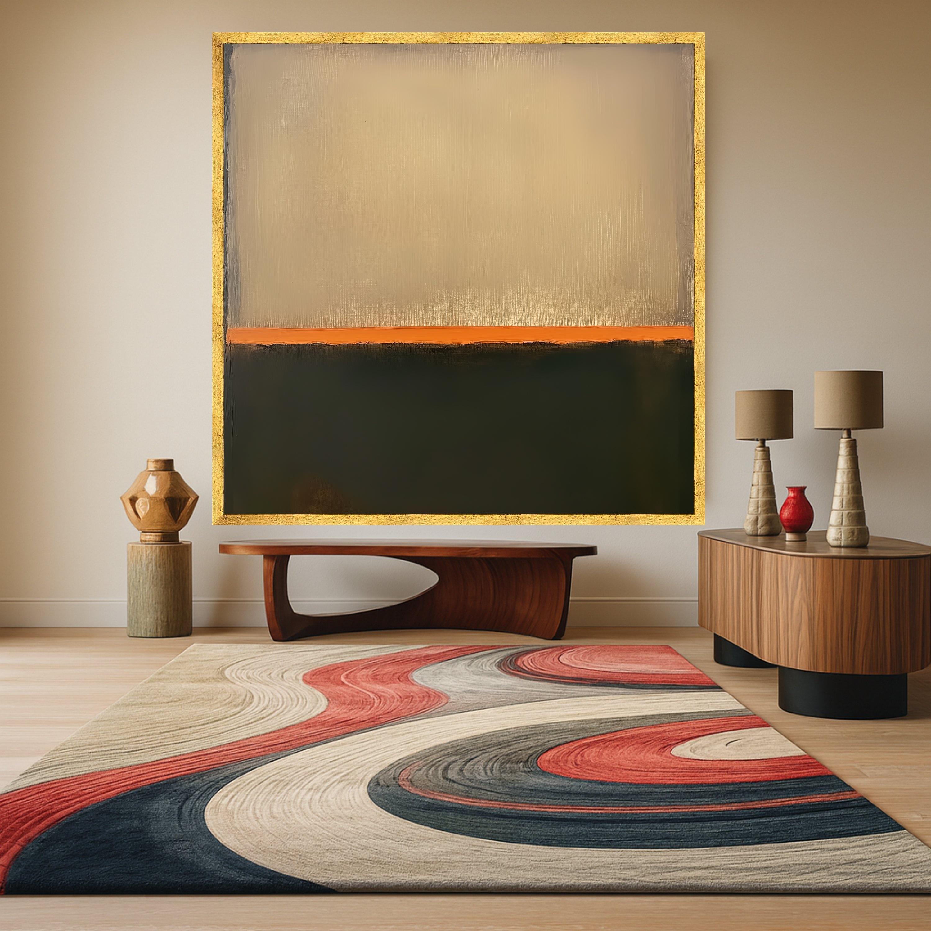 Mark Rothko Inspired No. 12, Beige and Dark Green Canvas, Abstract Color Block Wall Art, Orange Accent Stripe Canvas, Modern Ready To Hang,
