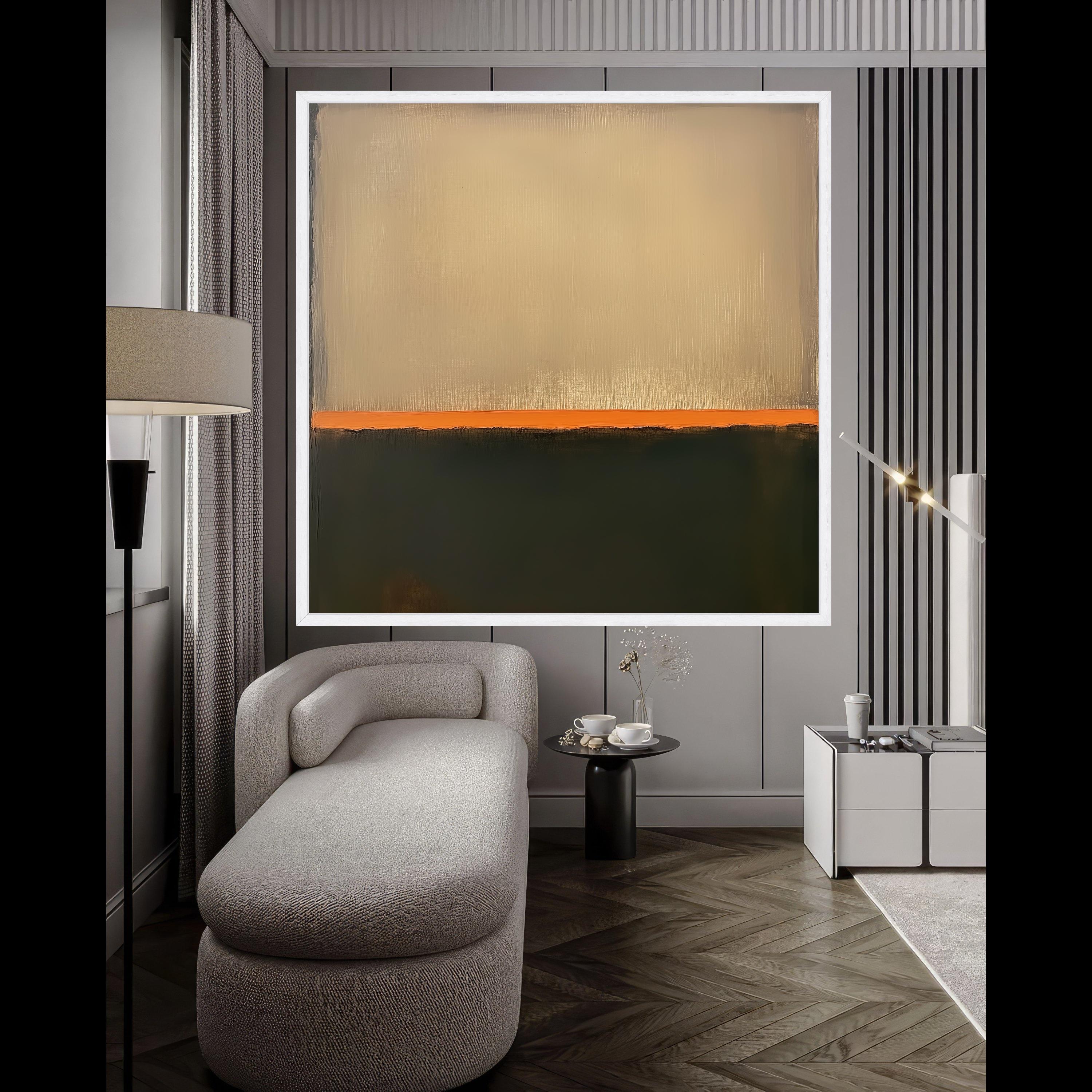 Mark Rothko Inspired No. 12, Beige and Dark Green Canvas, Abstract Color Block Wall Art, Orange Accent Stripe Canvas, Modern Ready To Hang,