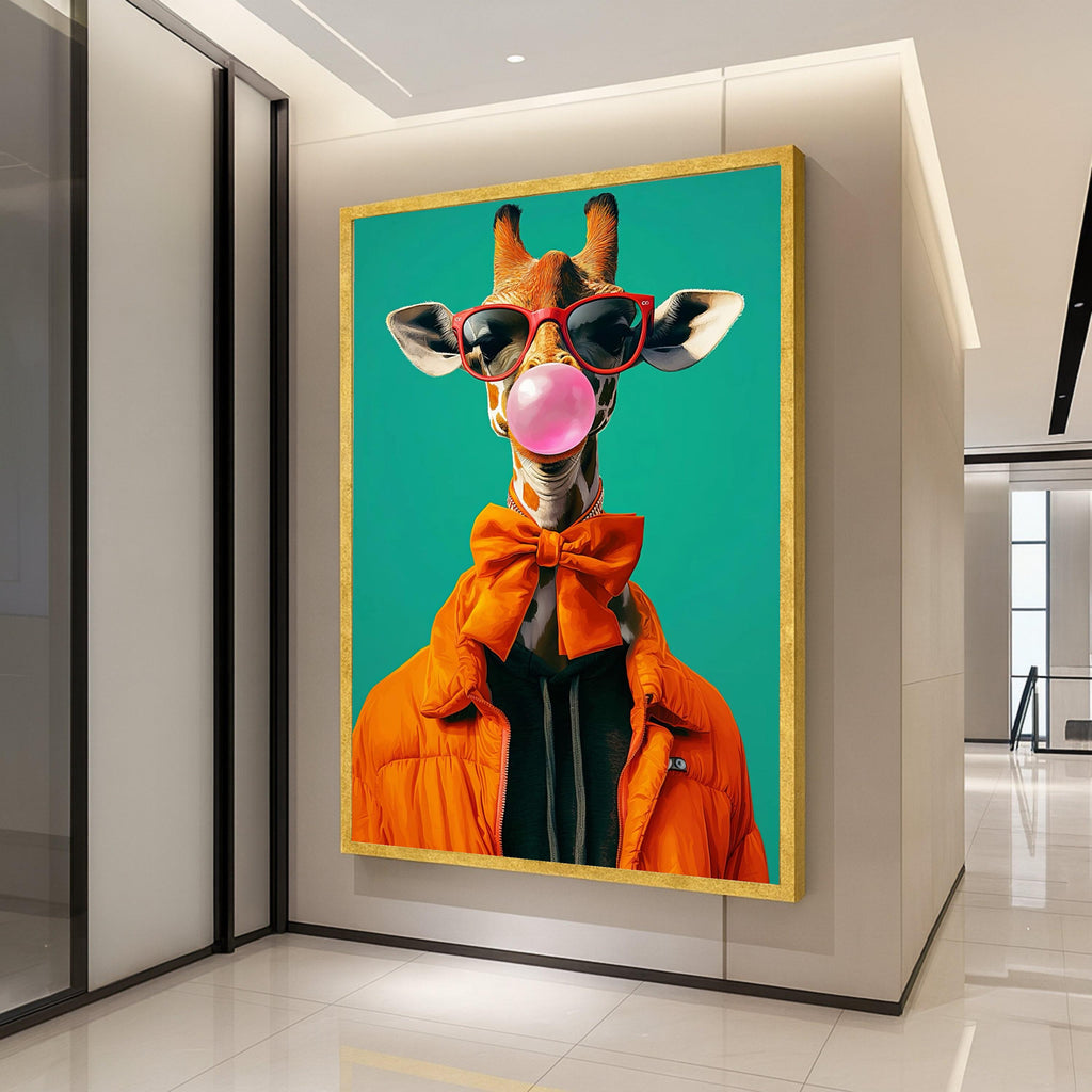 Cool Giraffe with Bubblegum, Orange Bow Tie Canvas, Funny Animal Wall Art, Modern Pop Art Animal Print, Unique Home Ready To Hang,