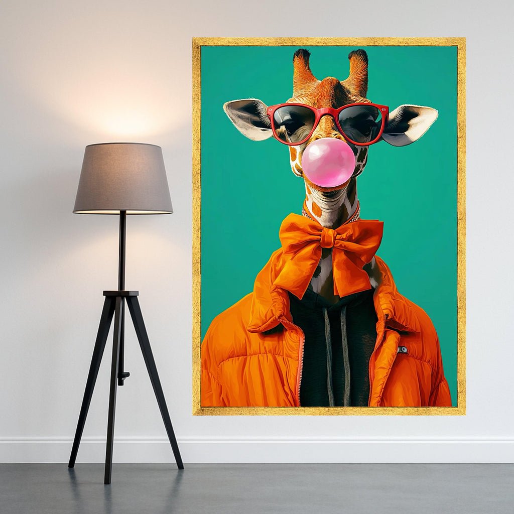 Cool Giraffe with Bubblegum, Orange Bow Tie Canvas, Funny Animal Wall Art, Modern Pop Art Animal Print, Unique Home Ready To Hang,