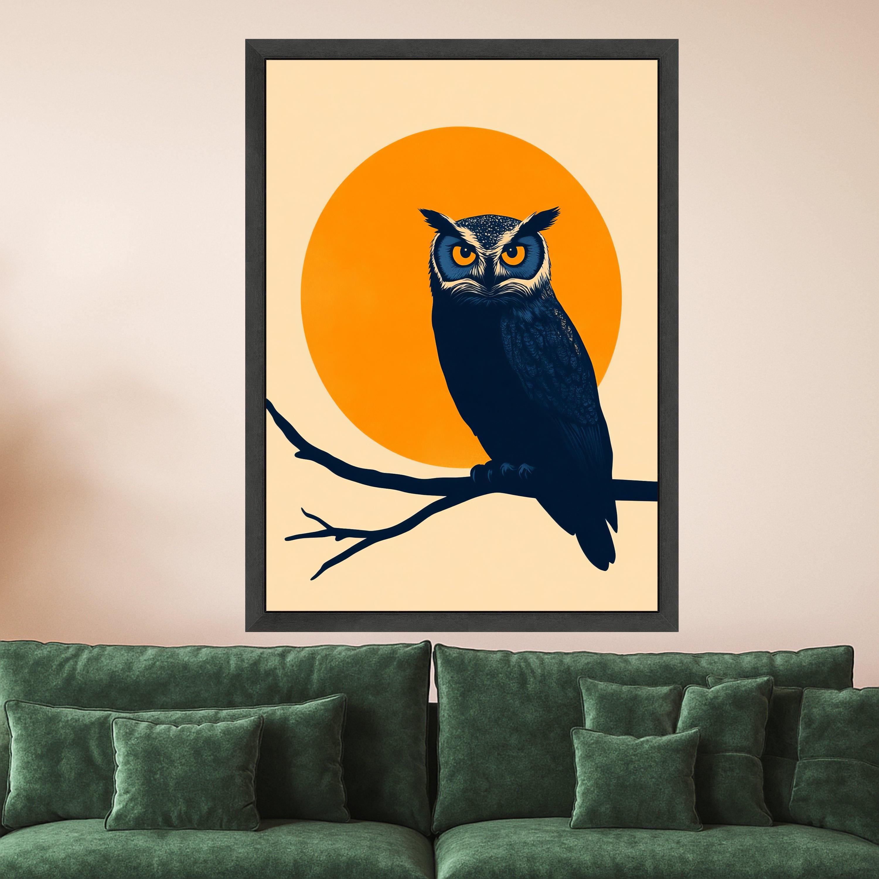 Bold Owl Silhouette Canvas Wall Art, Abstract Nature Bird Design, Orange Sun Background, Modern Wildlife Decoration, Ready to Ready To Hang,