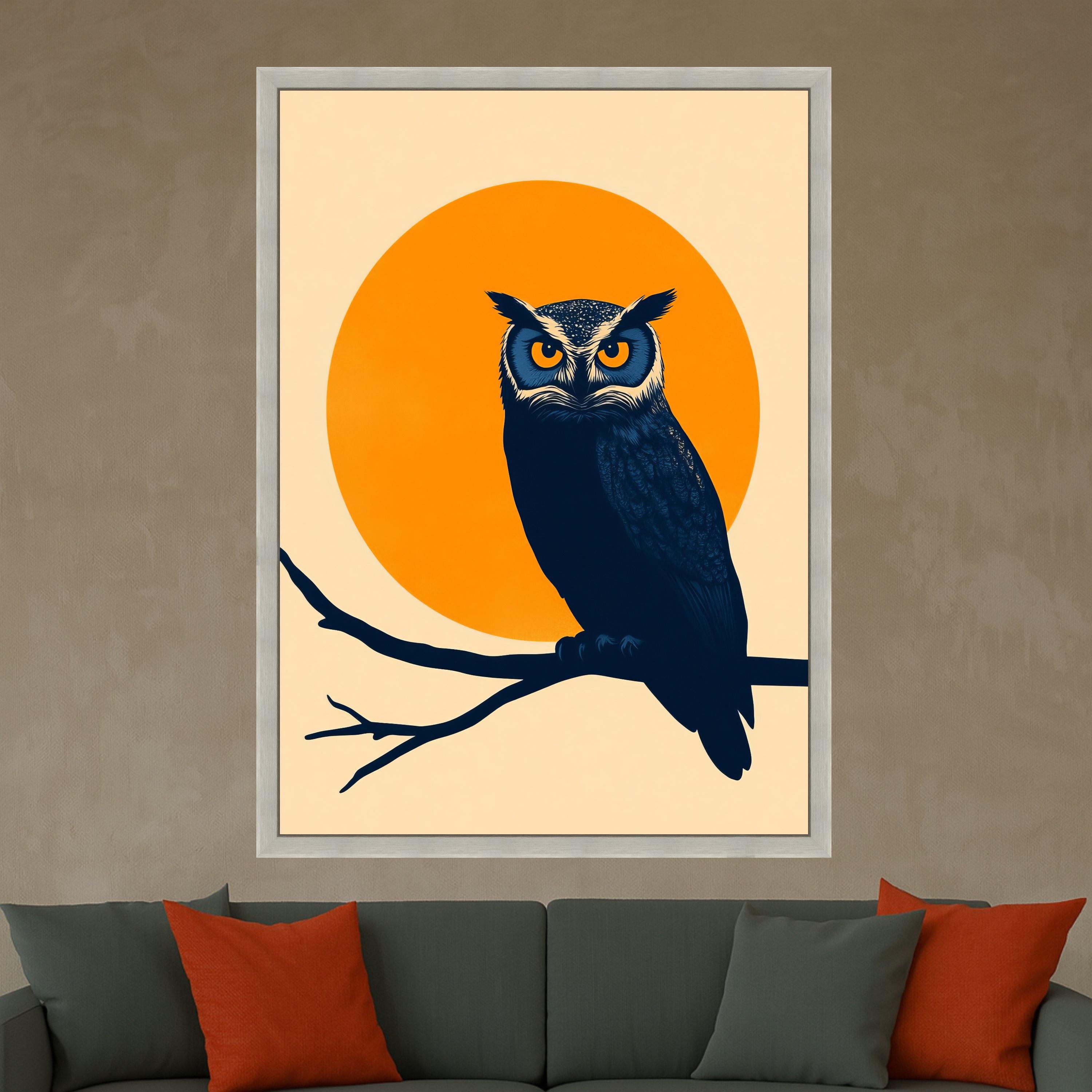 Bold Owl Silhouette Canvas Wall Art, Abstract Nature Bird Design, Orange Sun Background, Modern Wildlife Decoration, Ready to Ready To Hang,
