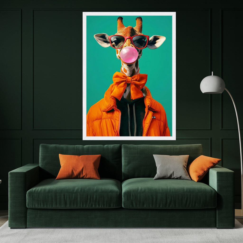 Cool Giraffe with Bubblegum, Orange Bow Tie Canvas, Funny Animal Wall Art, Modern Pop Art Animal Print, Unique Home Ready To Hang,