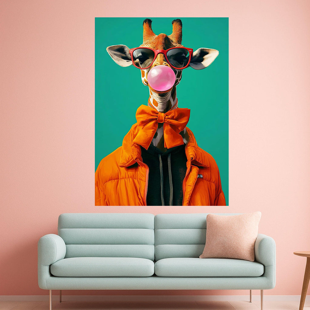 Cool Giraffe with Bubblegum, Orange Bow Tie Canvas, Funny Animal Wall Art, Modern Pop Art Animal Print, Unique Home Ready To Hang,