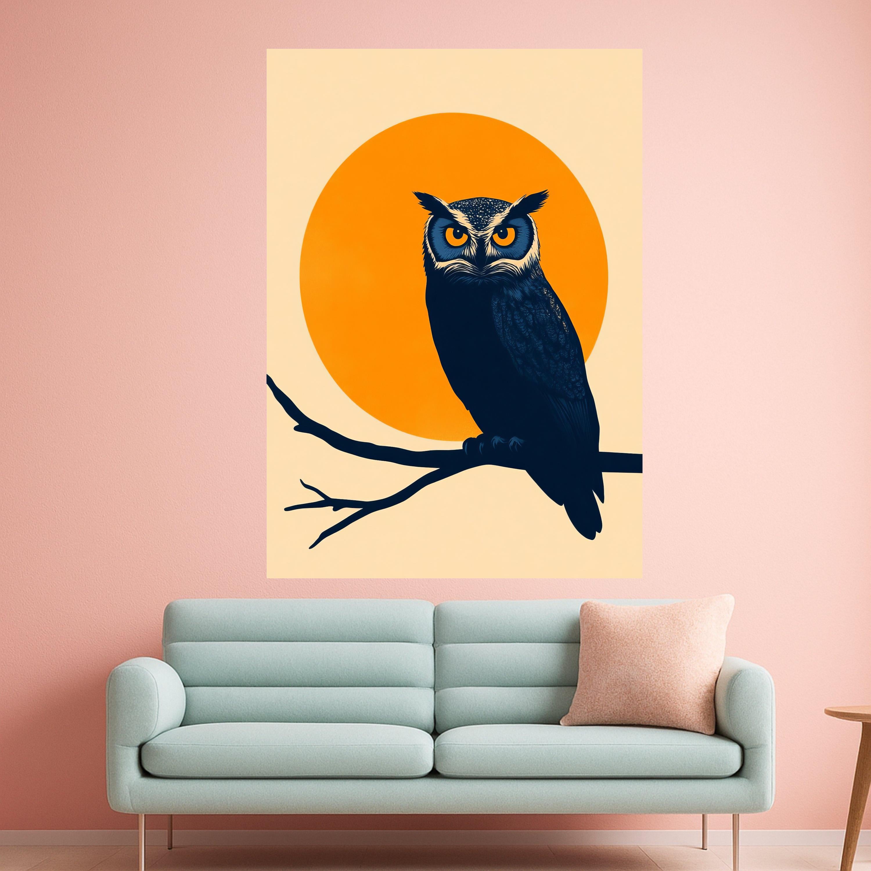 Bold Owl Silhouette Canvas Wall Art, Abstract Nature Bird Design, Orange Sun Background, Modern Wildlife Decoration, Ready to Ready To Hang,