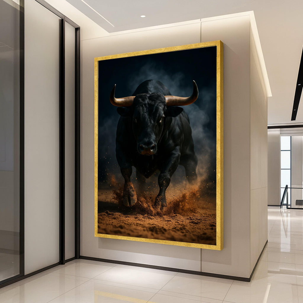 Powerful Charging Bull Canvas Wall Art, Rustic Animal Print, Dramatic Dark Background, Energetic Farm Decor, Ready to Hang Ready To Hang,