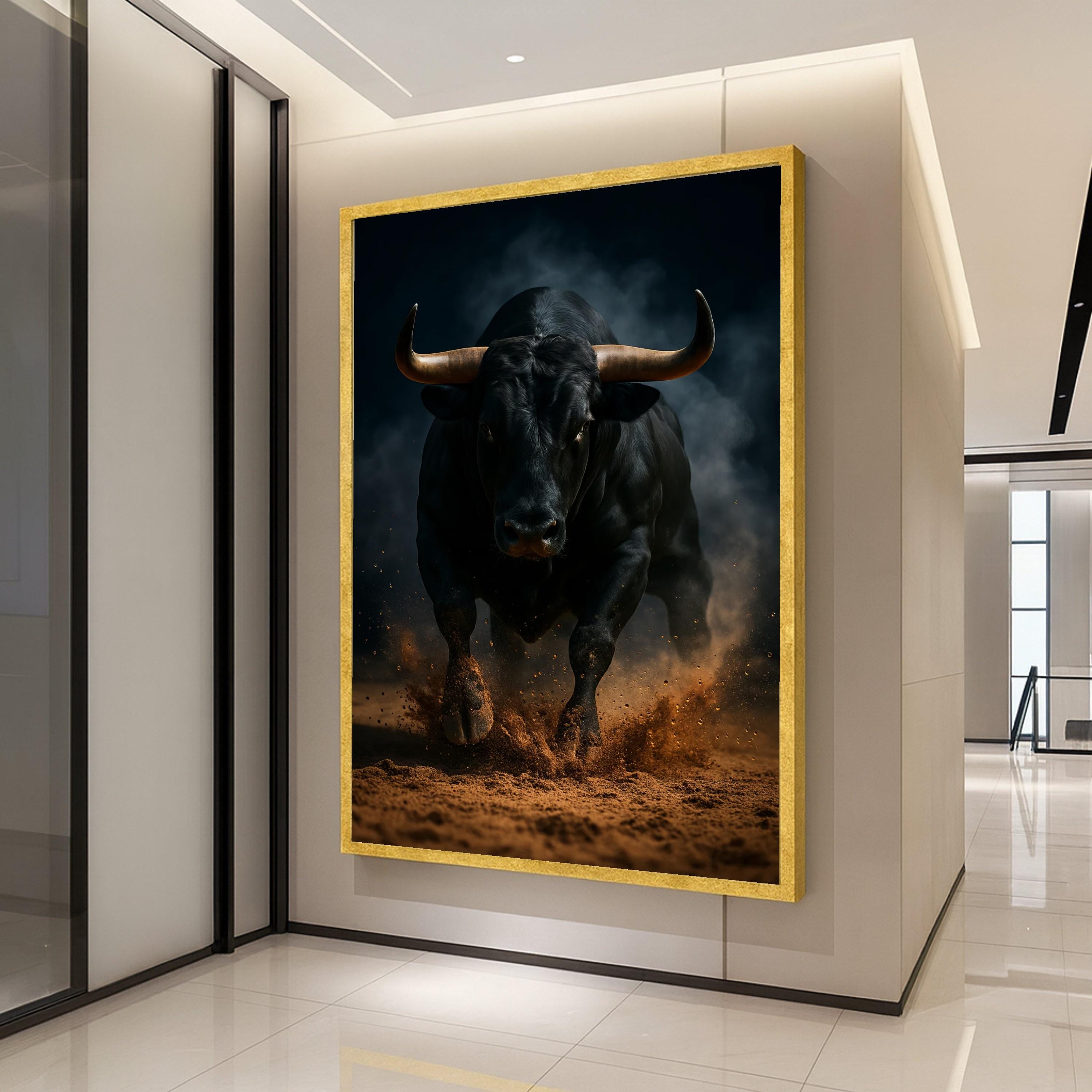 Powerful Charging Bull Canvas Wall Art, Rustic Animal Print, Dramatic Dark Background, Energetic Farm Decor, Ready to Hang Ready To Hang,