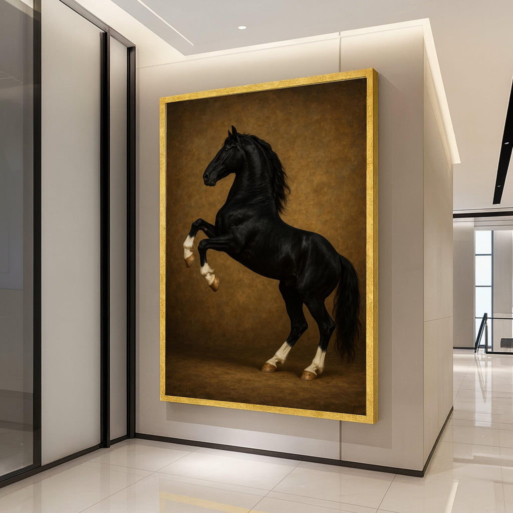 Majestic Black Stallion Rearing Canvas, Elegant Horse Wall Art, Equestrian Decor, Rustic Brown Background, Ready to Hang Ready To Hang,
