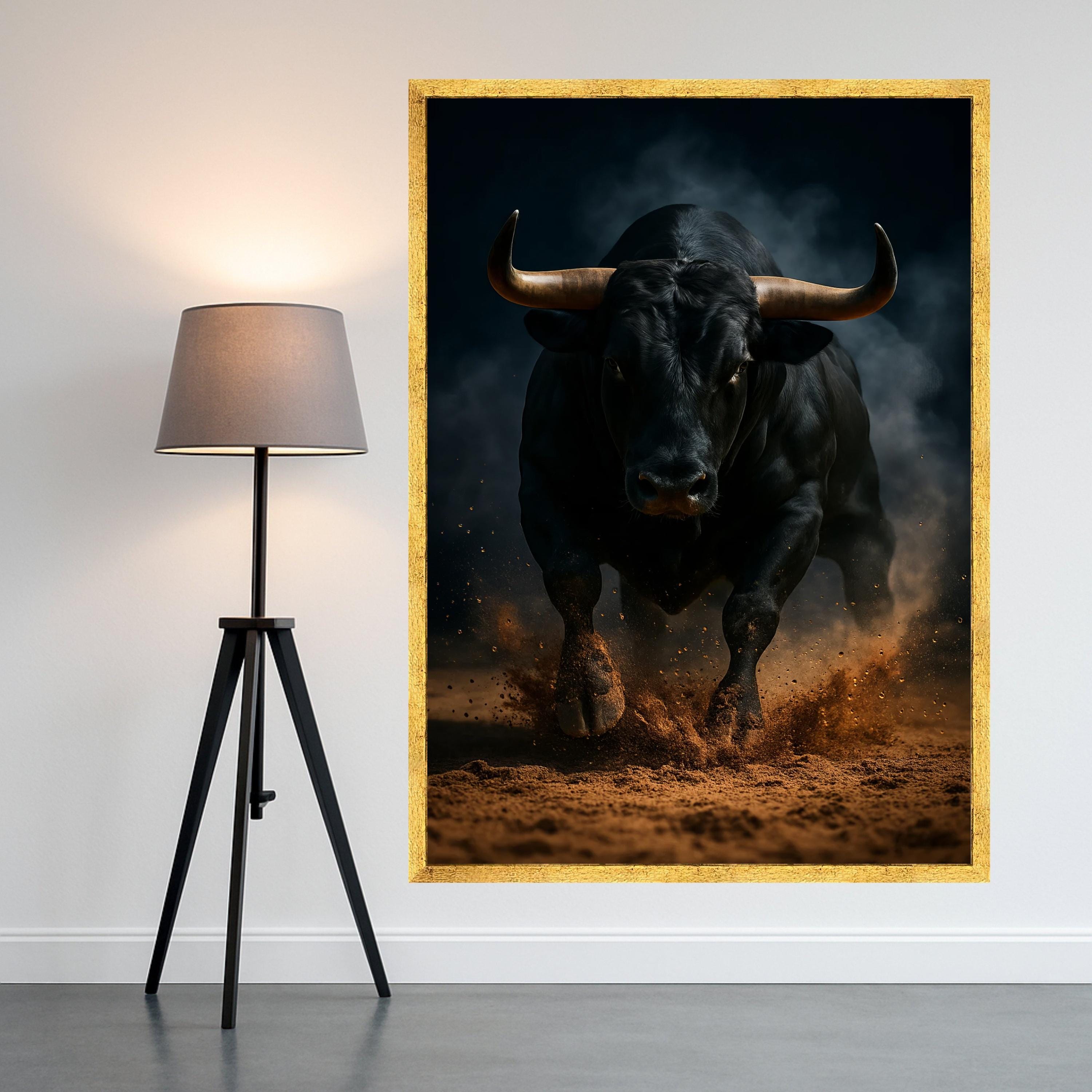 Powerful Charging Bull Canvas Wall Art, Rustic Animal Print, Dramatic Dark Background, Energetic Farm Decor, Ready to Hang Ready To Hang,