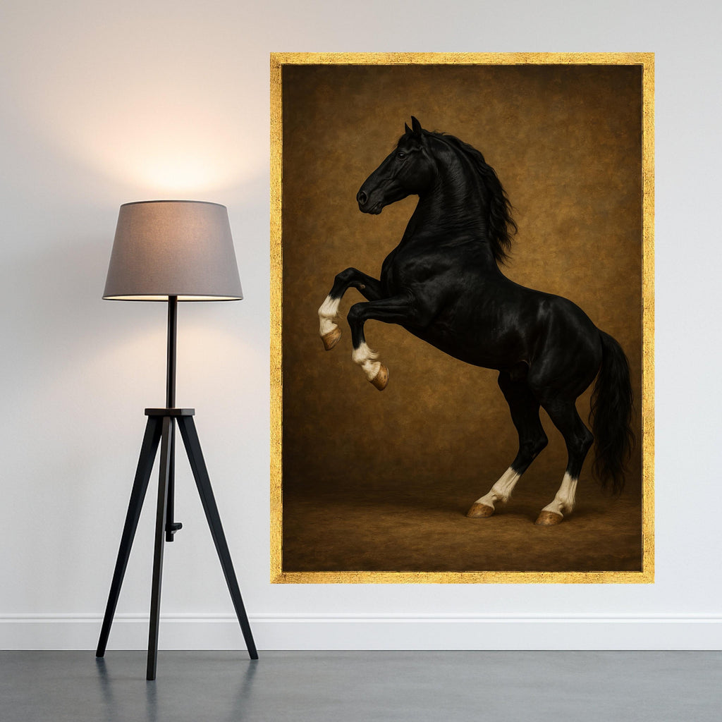 Majestic Black Stallion Rearing Canvas, Elegant Horse Wall Art, Equestrian Decor, Rustic Brown Background, Ready to Hang Ready To Hang,