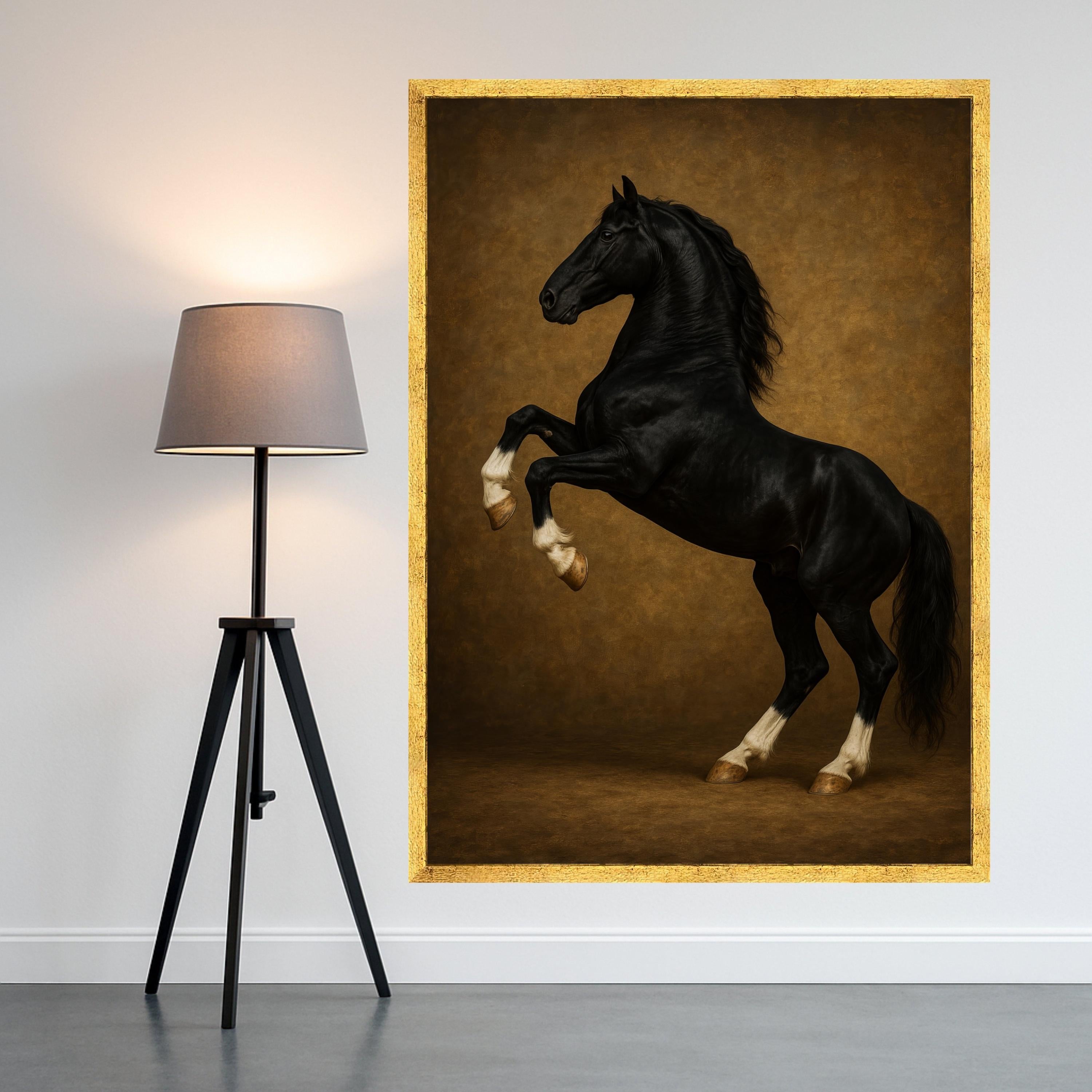 Majestic Black Stallion Rearing Canvas, Elegant Horse Wall Art, Equestrian Decor, Rustic Brown Background, Ready to Hang Ready To Hang,