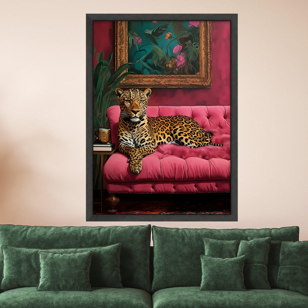 Leopard on Pink Sofa Canvas Print – Bold Jungle Wall Art – Elegant Animal Wall Decor – Ready to Hang Glam Canvas Decoration