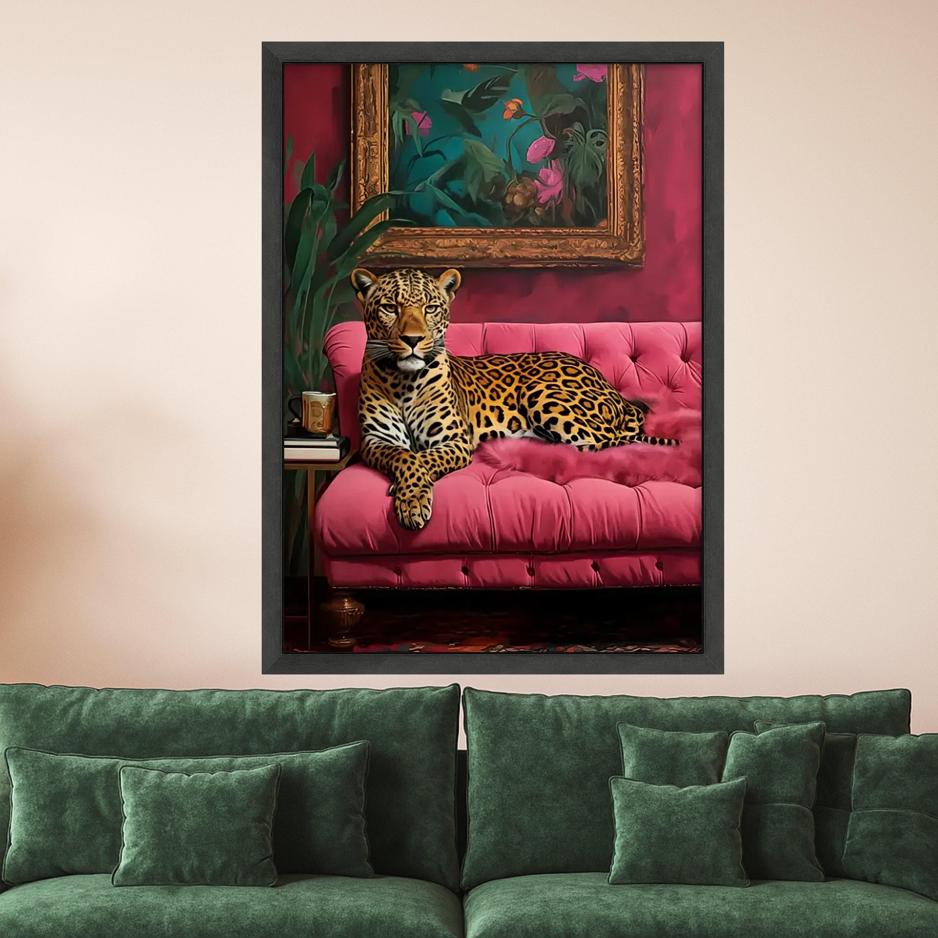 Leopard on Pink Sofa Canvas Print – Bold Jungle Wall Art – Elegant Animal Wall Decor – Ready to Hang Glam Canvas Decoration