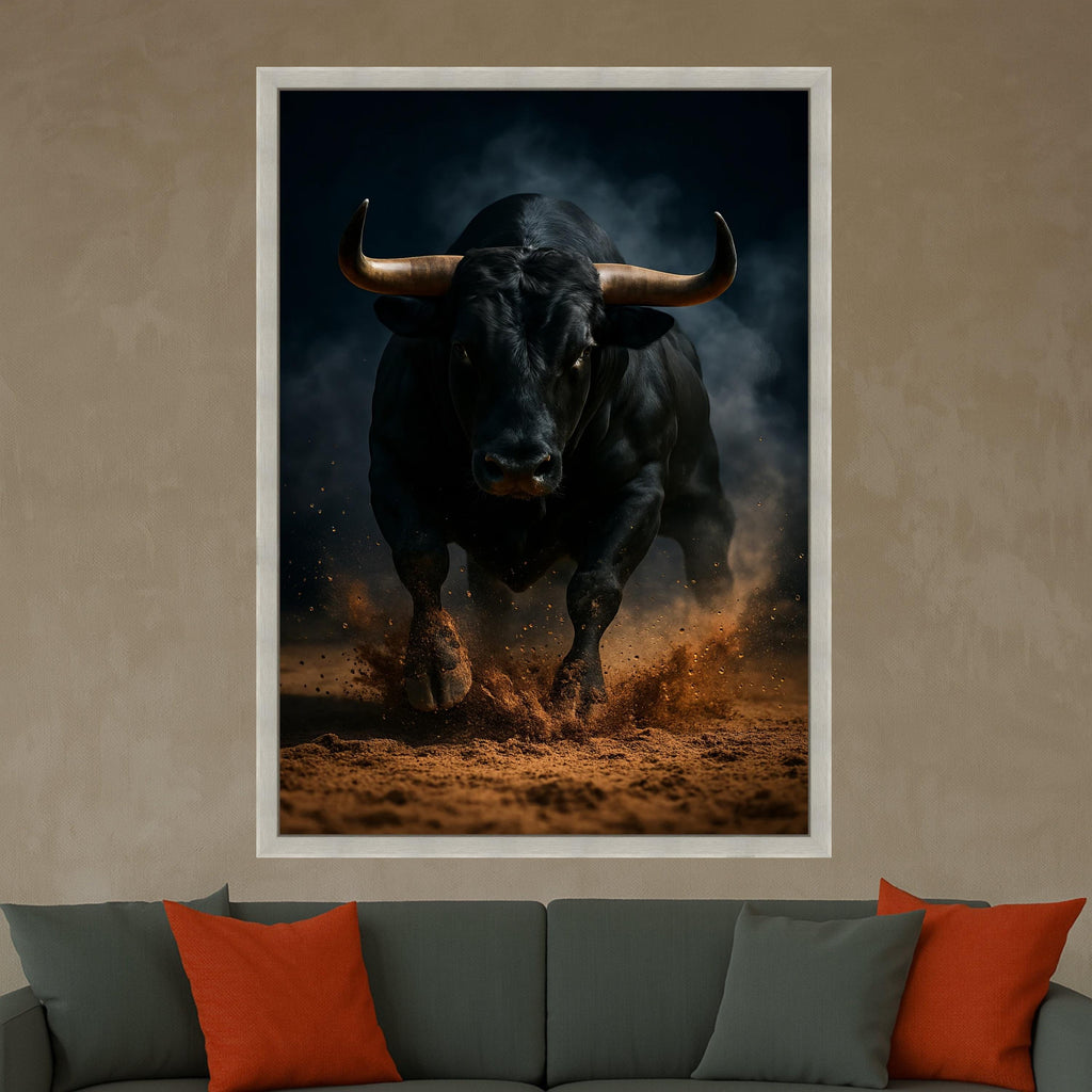 Powerful Charging Bull Canvas Wall Art, Rustic Animal Print, Dramatic Dark Background, Energetic Farm Decor, Ready to Hang Ready To Hang,