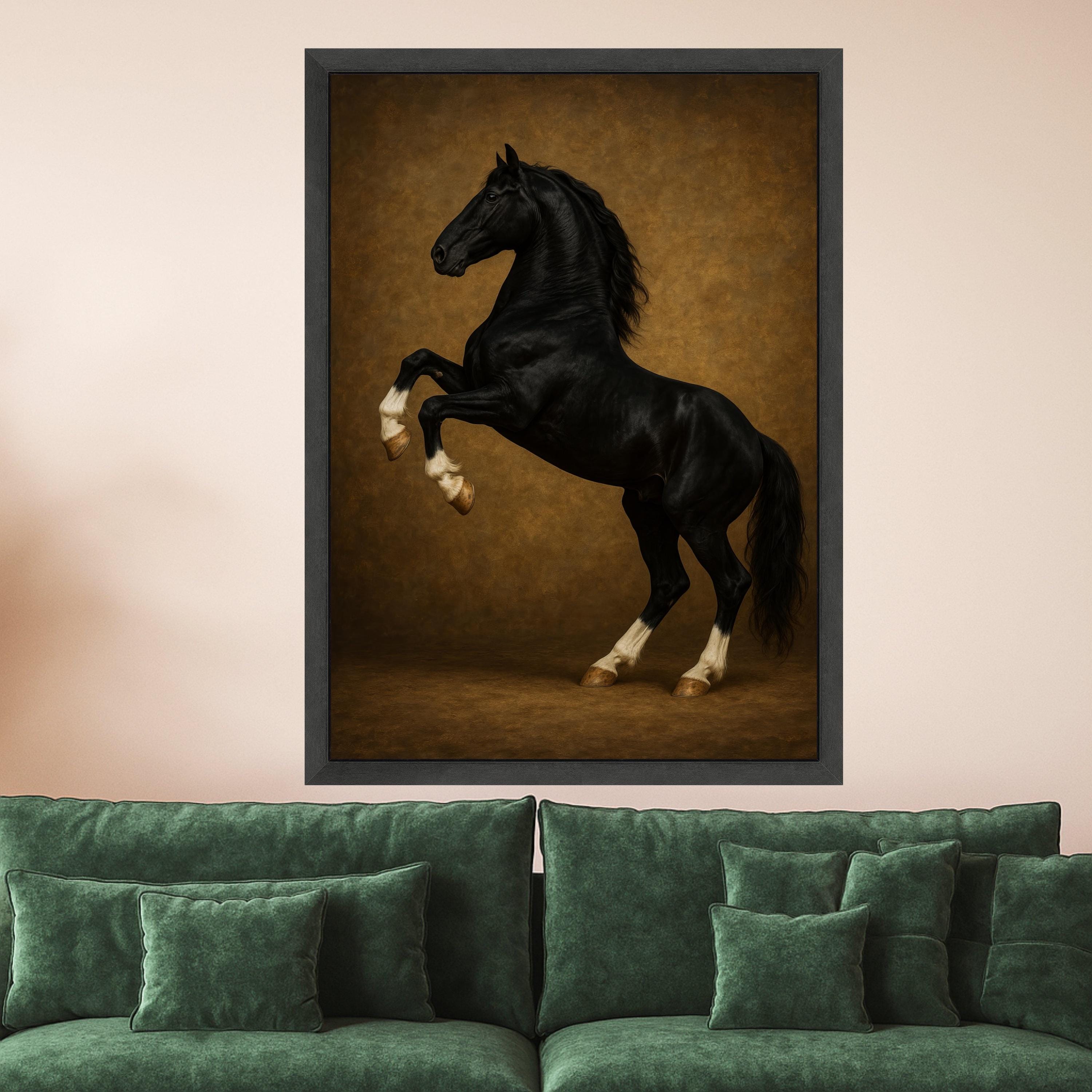 Majestic Black Stallion Rearing Canvas, Elegant Horse Wall Art, Equestrian Decor, Rustic Brown Background, Ready to Hang Ready To Hang,