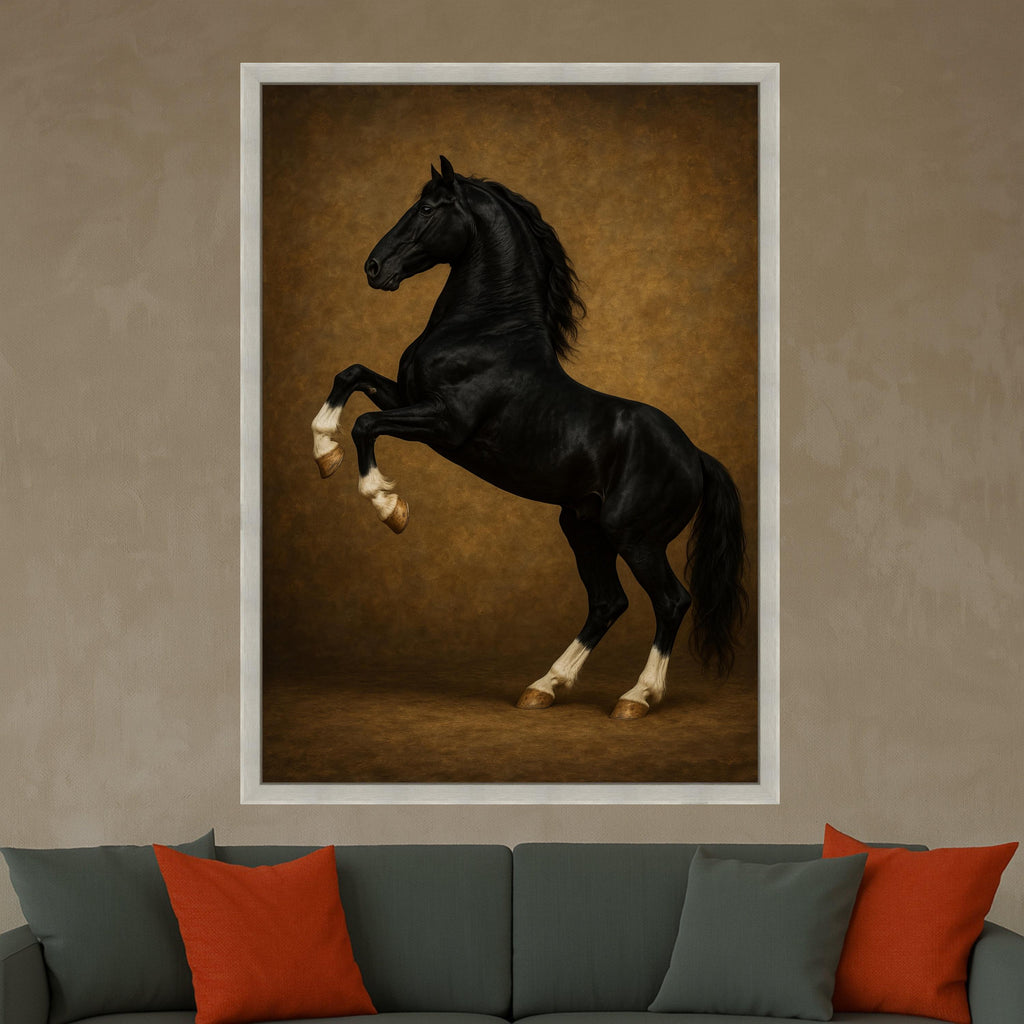 Majestic Black Stallion Rearing Canvas, Elegant Horse Wall Art, Equestrian Decor, Rustic Brown Background, Ready to Hang Ready To Hang,
