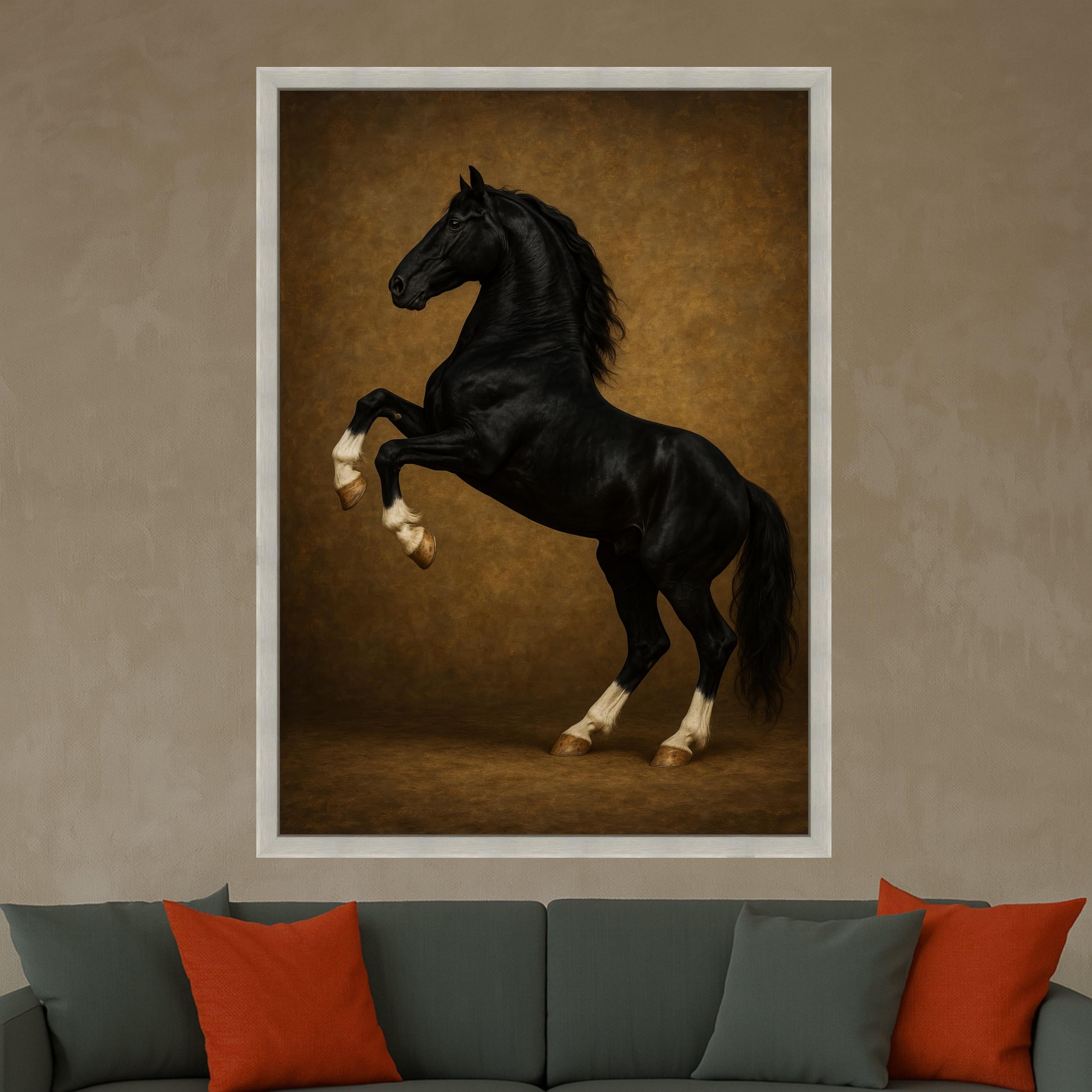 Majestic Black Stallion Rearing Canvas, Elegant Horse Wall Art, Equestrian Decor, Rustic Brown Background, Ready to Hang Ready To Hang,