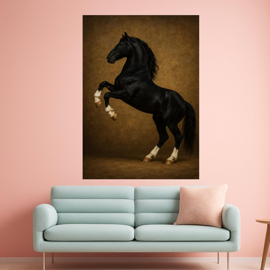 Majestic Black Stallion Rearing Canvas, Elegant Horse Wall Art, Equestrian Decor, Rustic Brown Background, Ready to Hang Ready To Hang,