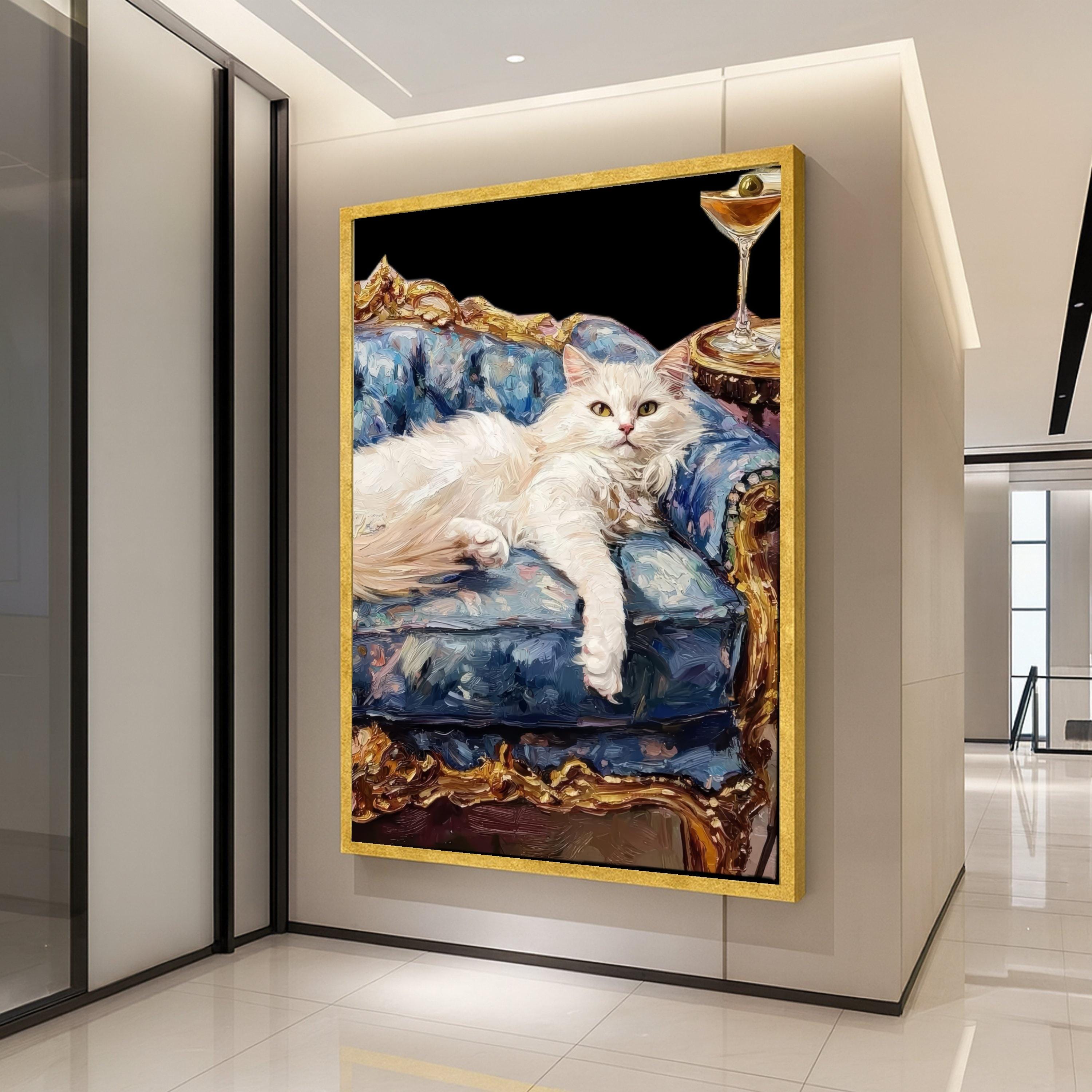 White Cat on Royal Couch Canvas Print – Luxury Pet Portrait Wall Decor – Funny Cat Wall Art – Ready to Hang Wall Decoration