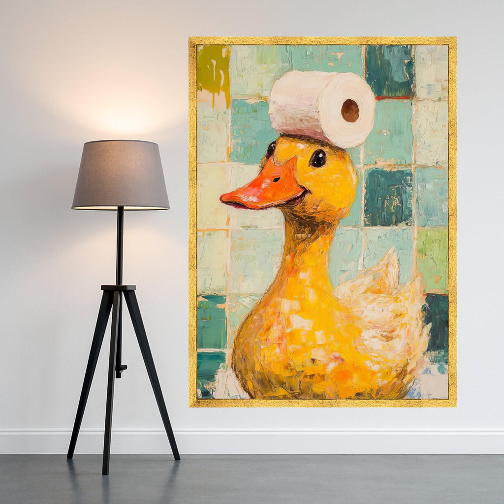 Playful Yellow Duck with Paper Roll Canvas, Whimsical Bathroom Wall Art, Fun Animal Decor, Quirky Home Decoration Canvas Ready To Hang,