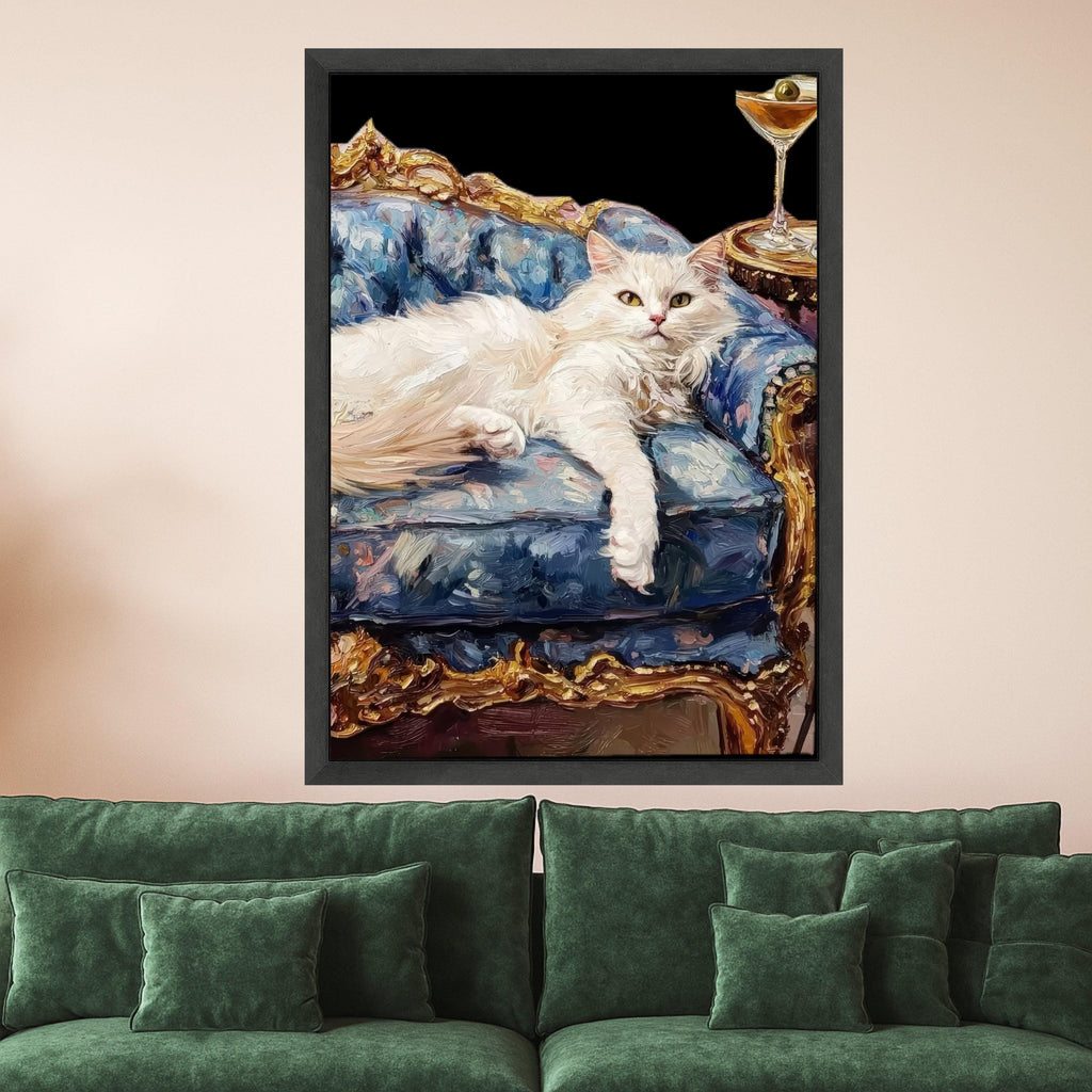 White Cat on Royal Couch Canvas Print – Luxury Pet Portrait Wall Decor – Funny Cat Wall Art – Ready to Hang Wall Decoration