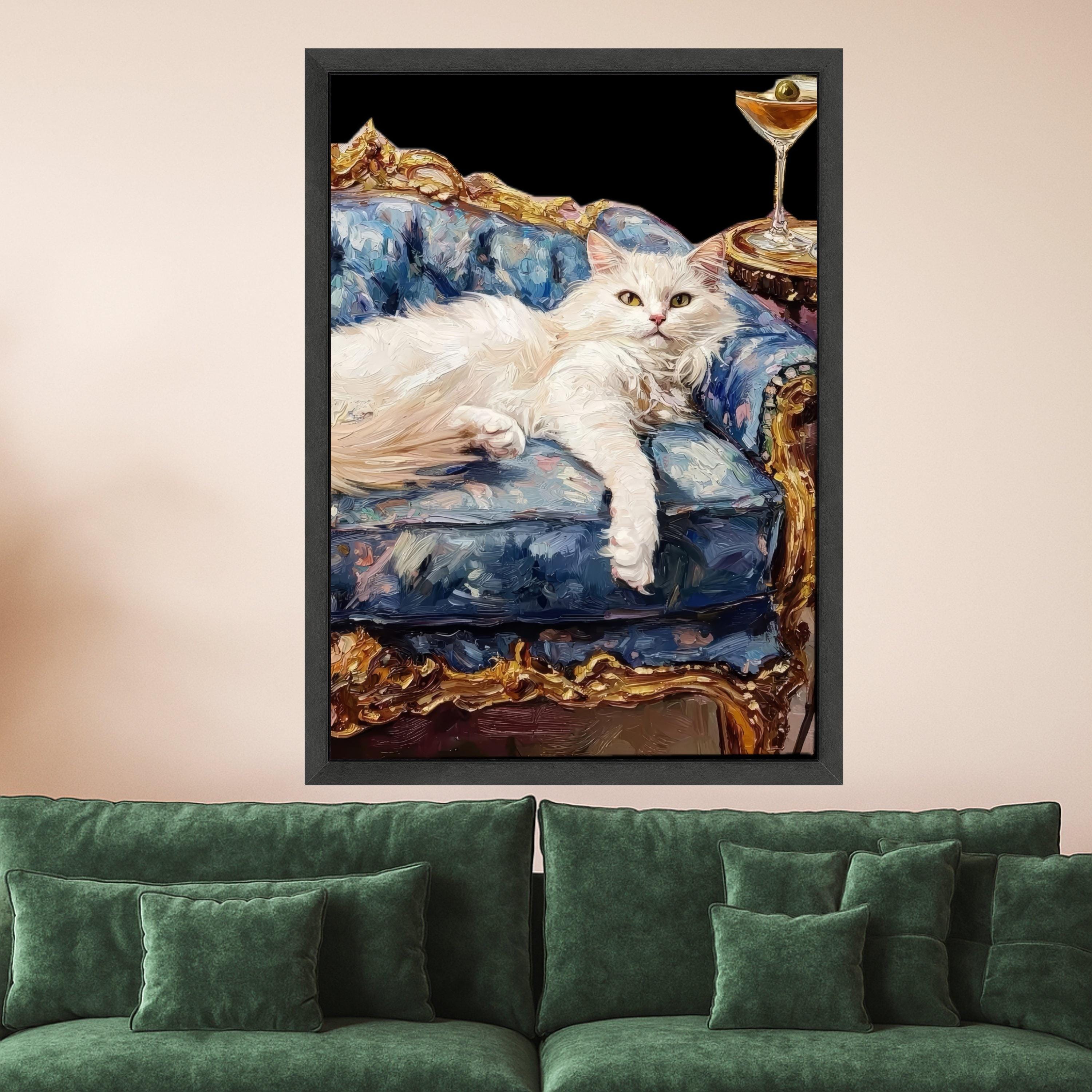 White Cat on Royal Couch Canvas Print – Luxury Pet Portrait Wall Decor – Funny Cat Wall Art – Ready to Hang Wall Decoration
