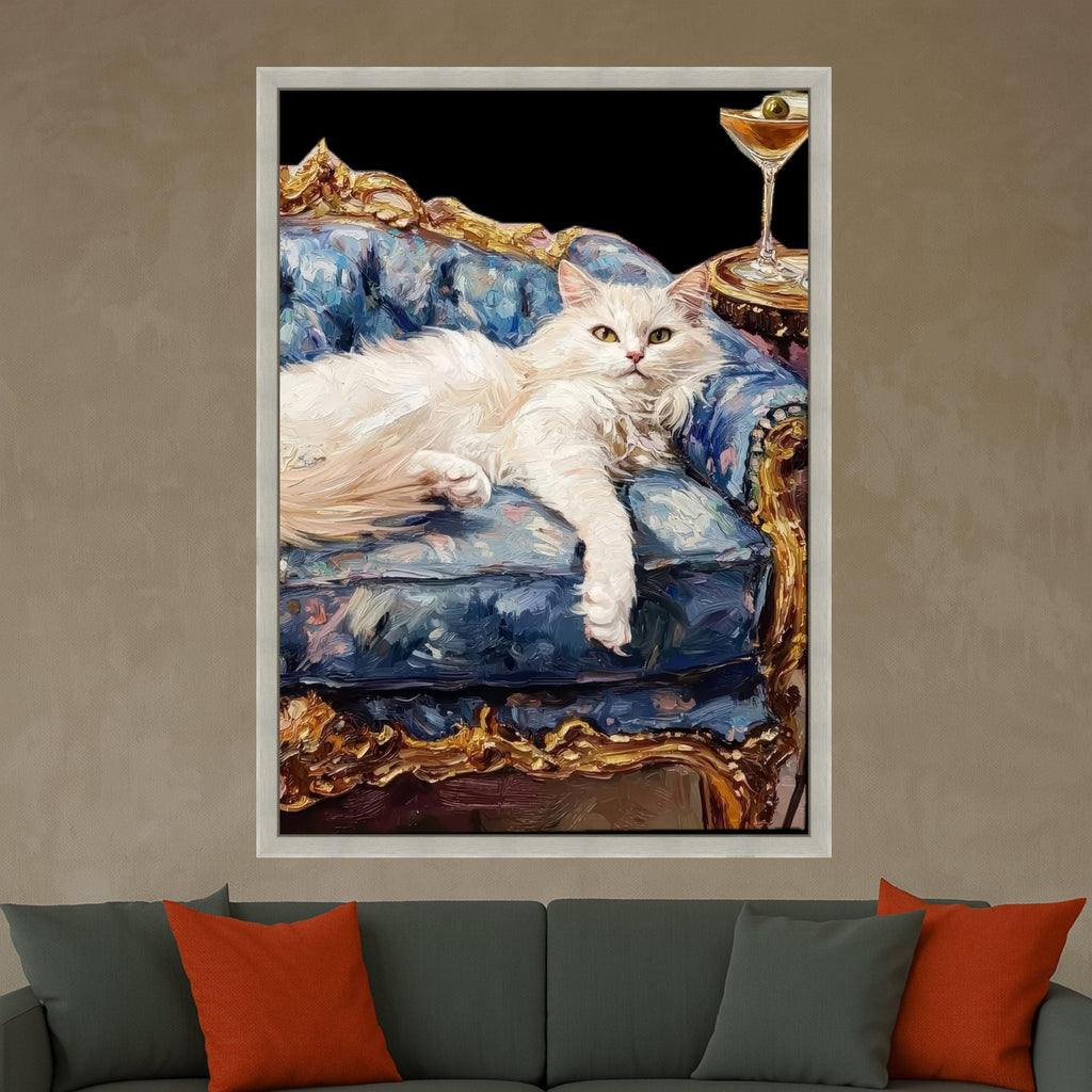 White Cat on Royal Couch Canvas Print – Luxury Pet Portrait Wall Decor – Funny Cat Wall Art – Ready to Hang Wall Decoration