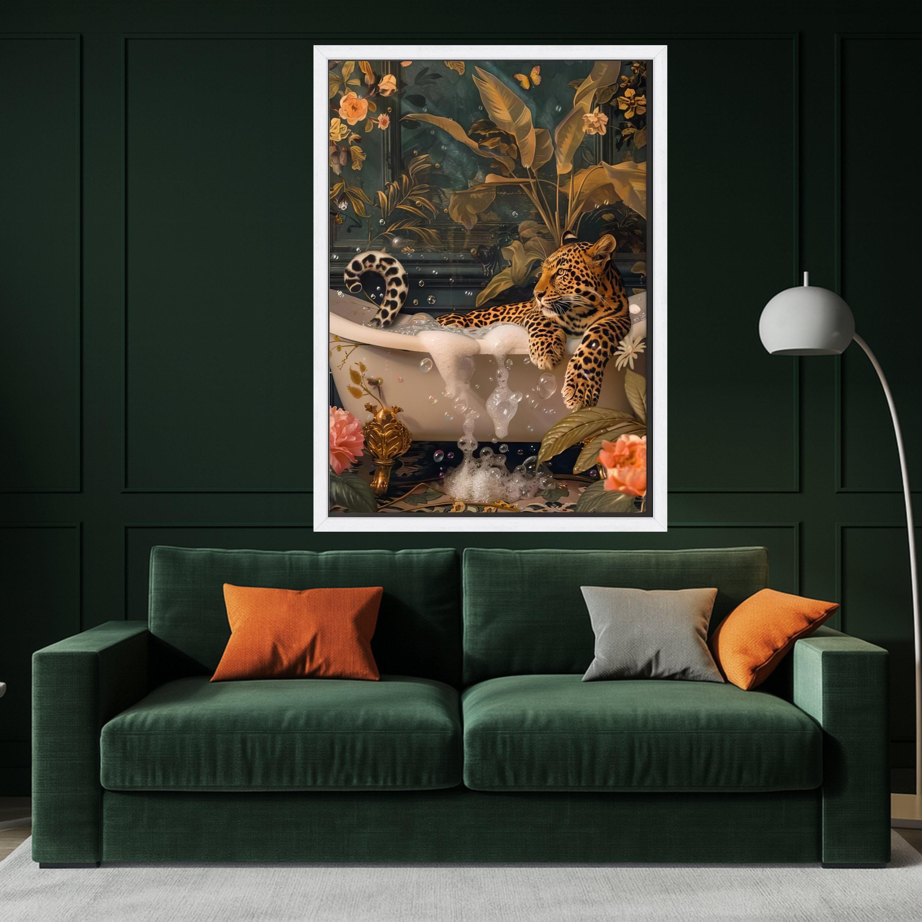 Relaxed Leopard in Bathtub Canvas, Exotic Wildlife Wall Art, Tropical Botanical Decor, Nature and Animal Canvas, Unique Ready To Hang,