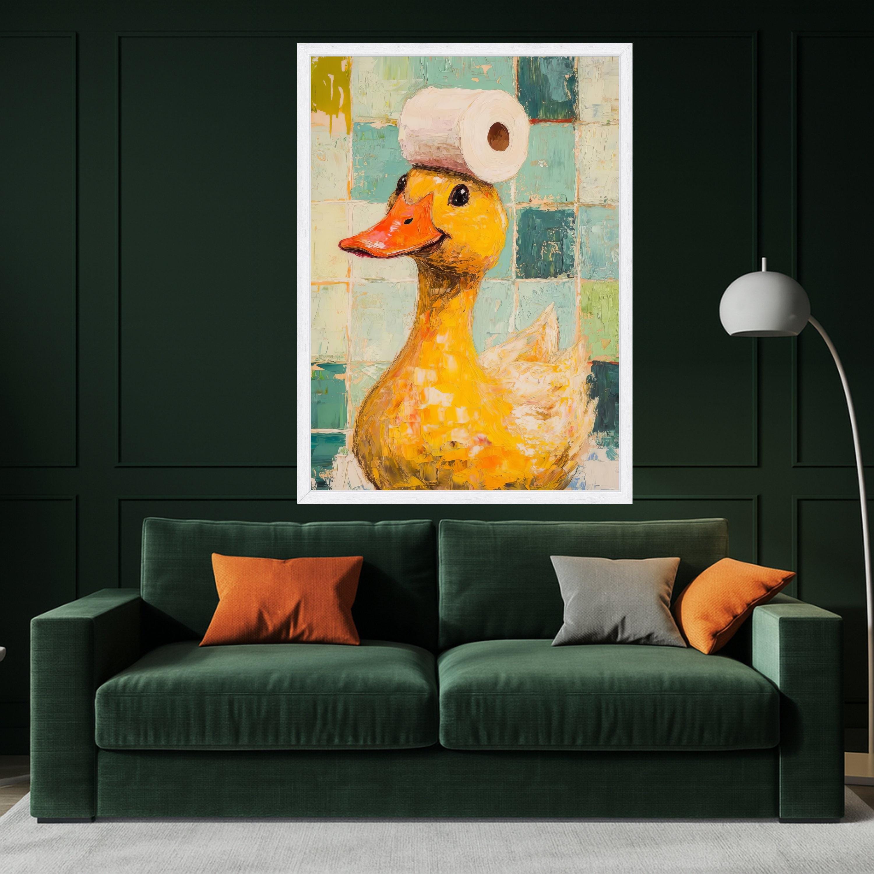 Playful Yellow Duck with Paper Roll Canvas, Whimsical Bathroom Wall Art, Fun Animal Decor, Quirky Home Decoration Canvas Ready To Hang,