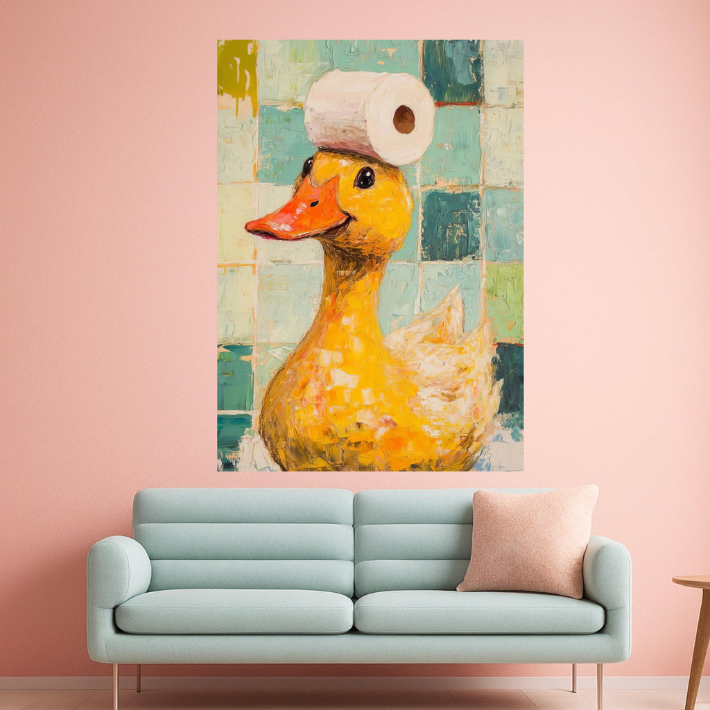 Playful Yellow Duck with Paper Roll Canvas, Whimsical Bathroom Wall Art, Fun Animal Decor, Quirky Home Decoration Canvas Ready To Hang,
