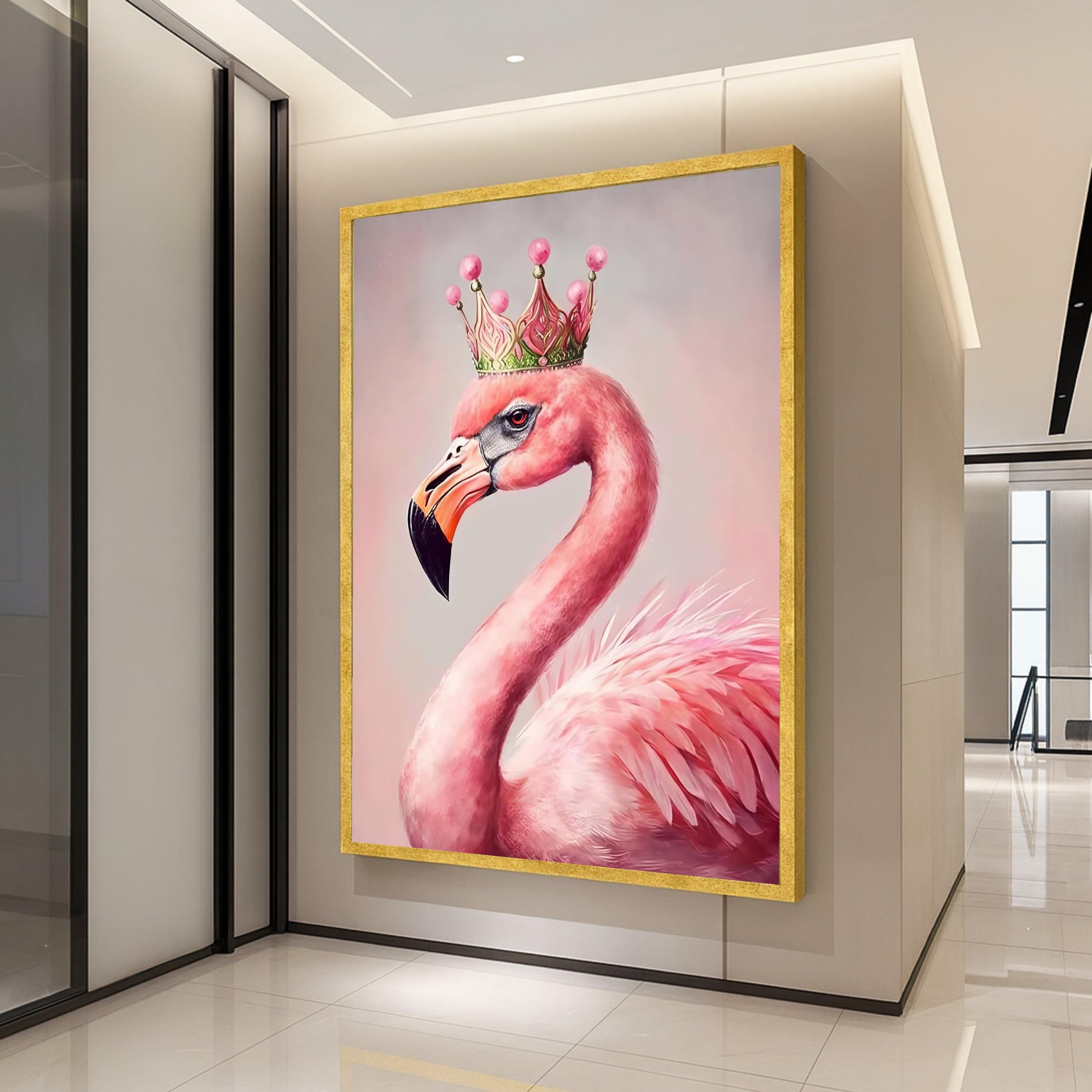 Regal Flamingo Portrait Canvas, Pink Bird Wall Art, Crowned Flamingo Print, Elegant Animal Canvas Decor, Modern Wildlife Ready To Hang,