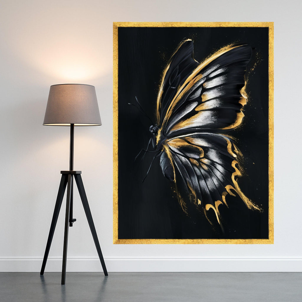 Elegant Black and Gold Butterfly Canvas Wall Art, Modern Insect Decor, Glamorous Metallic Accent Painting, Nature Inspired Ready To Hang,