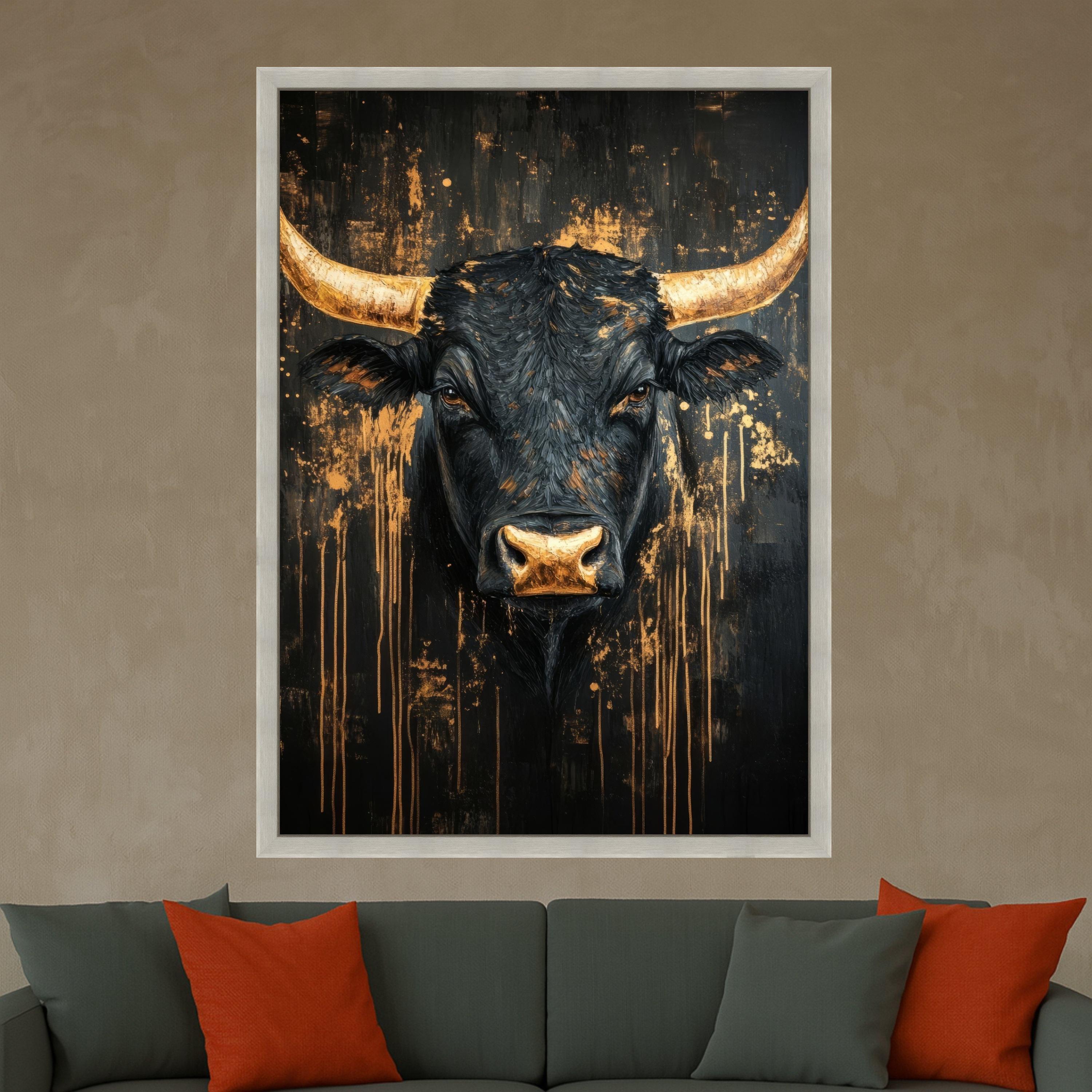 Majestic Black Bull Canvas Wall Art, Modern Rustic Farm Animal Painting, Gold Accents Abstract, Wildlife Decor, Ready to Hang Ready To Hang,