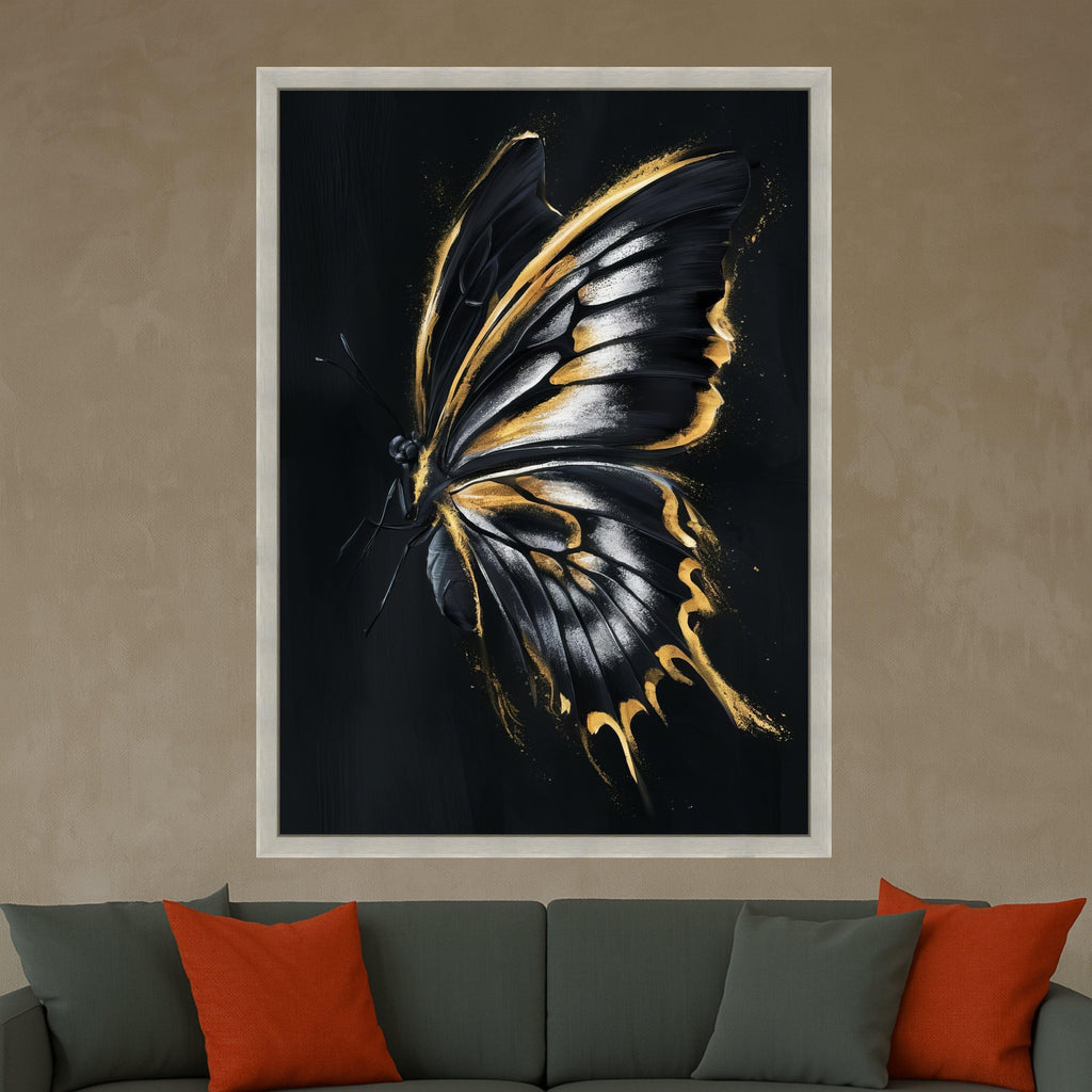 Elegant Black and Gold Butterfly Canvas Wall Art, Modern Insect Decor, Glamorous Metallic Accent Painting, Nature Inspired Ready To Hang,