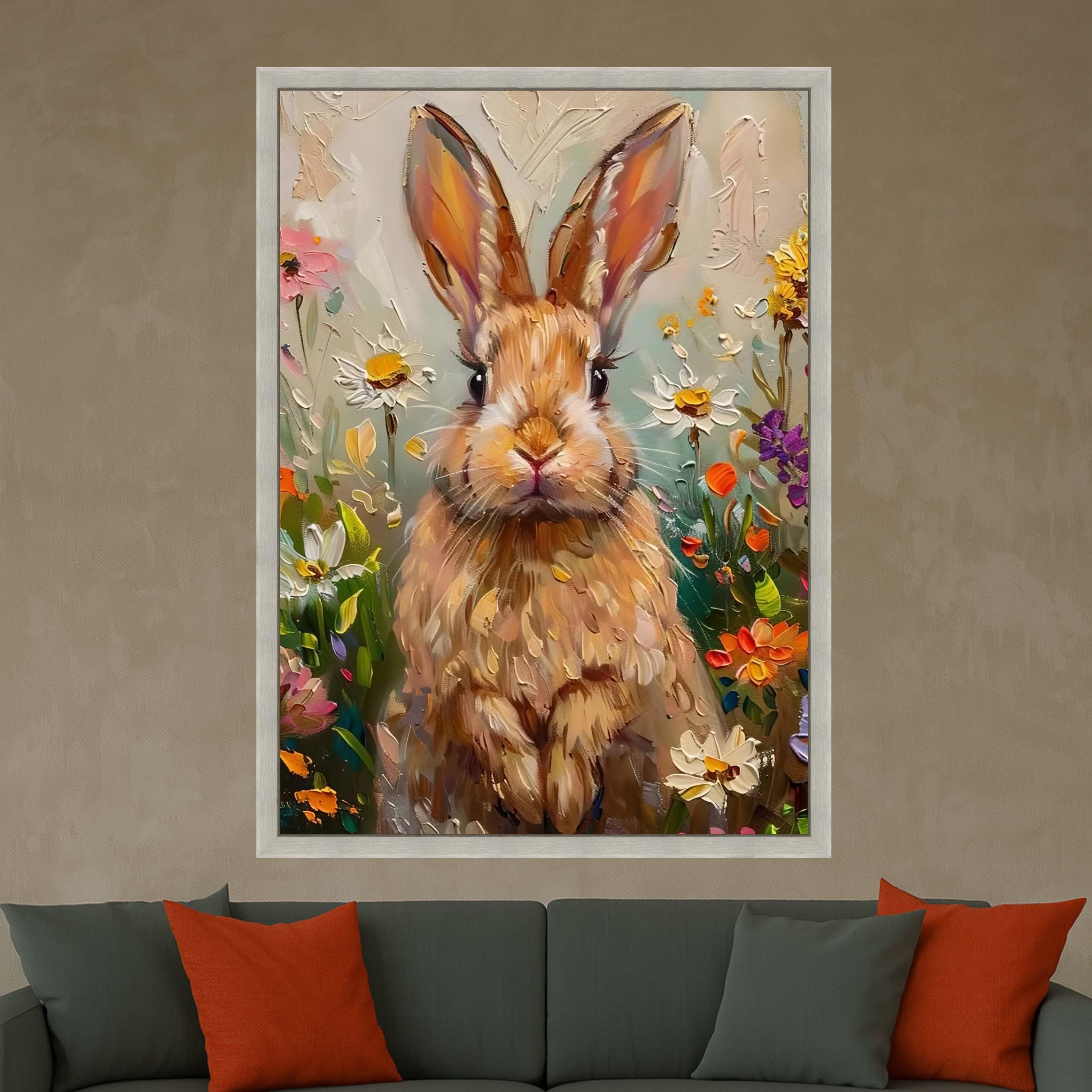 Whimsical Bunny Portrait Canvas, Floral Spring Garden Wall Art, Animal Painting Canvas, Cute Rabbit Home Decor, Impasto Style Ready To Hang,