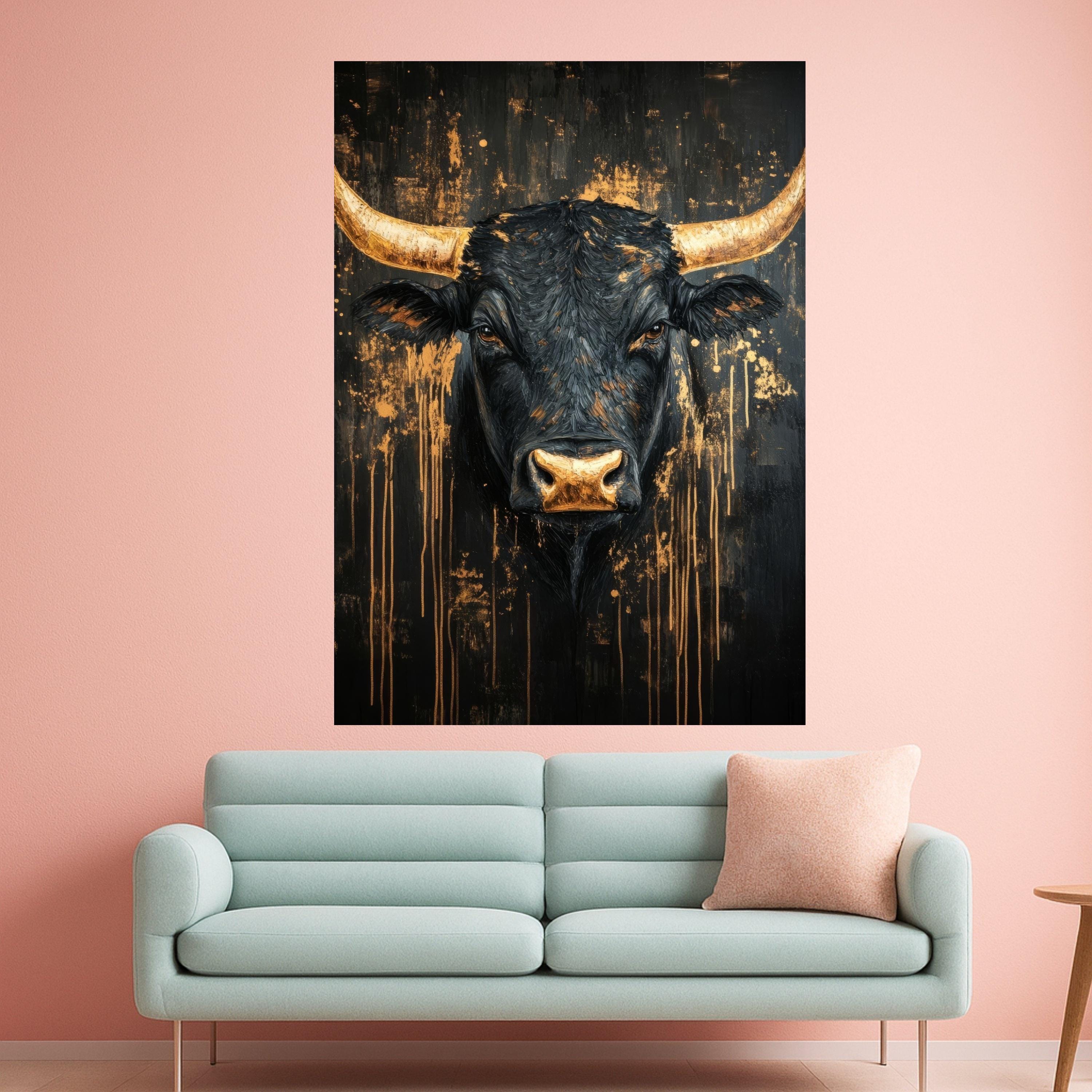 Majestic Black Bull Canvas Wall Art, Modern Rustic Farm Animal Painting, Gold Accents Abstract, Wildlife Decor, Ready to Hang Ready To Hang,