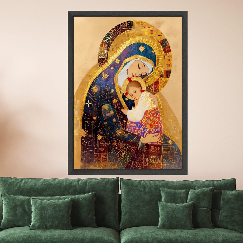 Sacred Madonna and Child Canvas Wall Art, Religious Icon Painting, Spiritual Christian Decor, Gold Embellished Artwork, Ready To Hang,