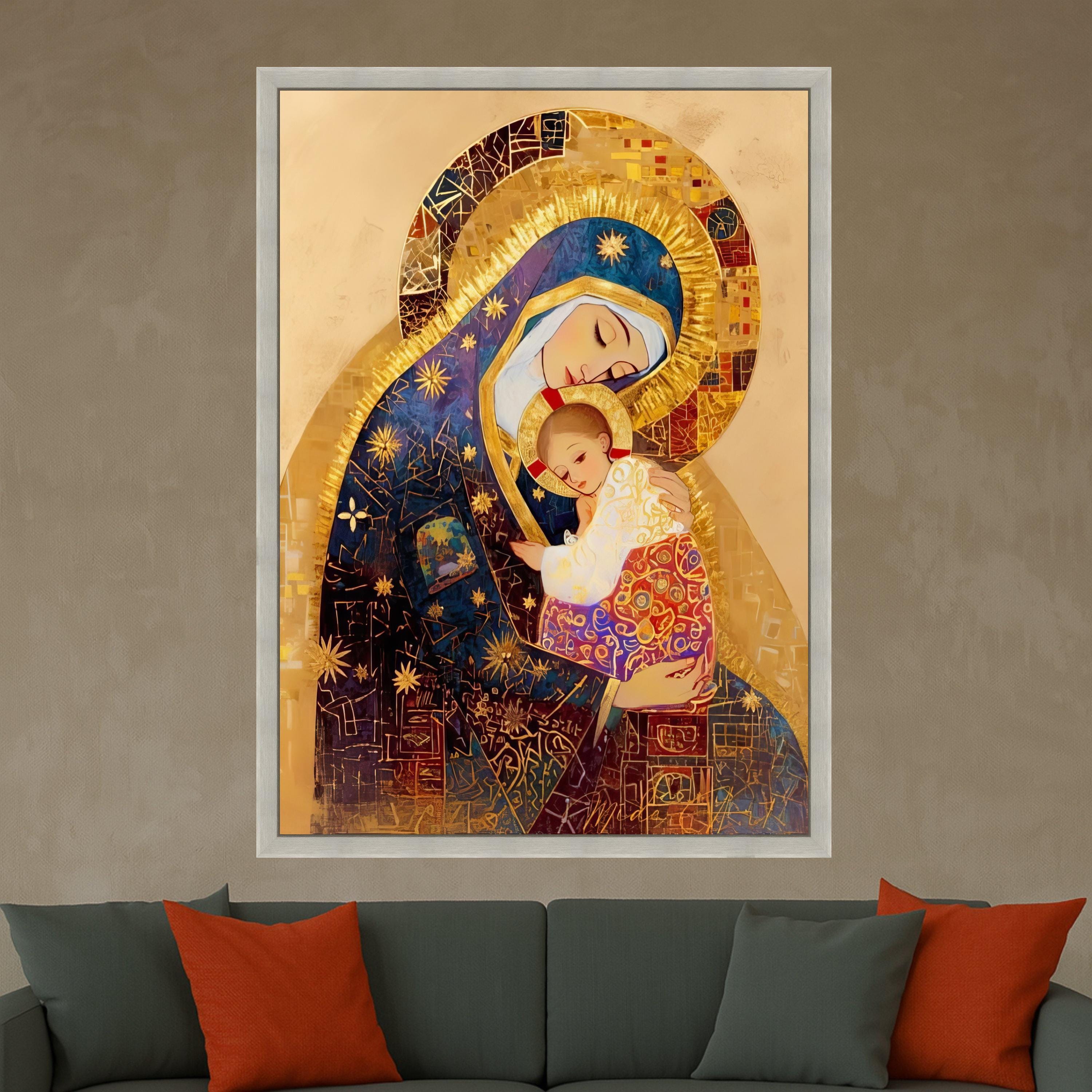 Sacred Madonna and Child Canvas Wall Art, Religious Icon Painting, Spiritual Christian Decor, Gold Embellished Artwork, Ready To Hang,