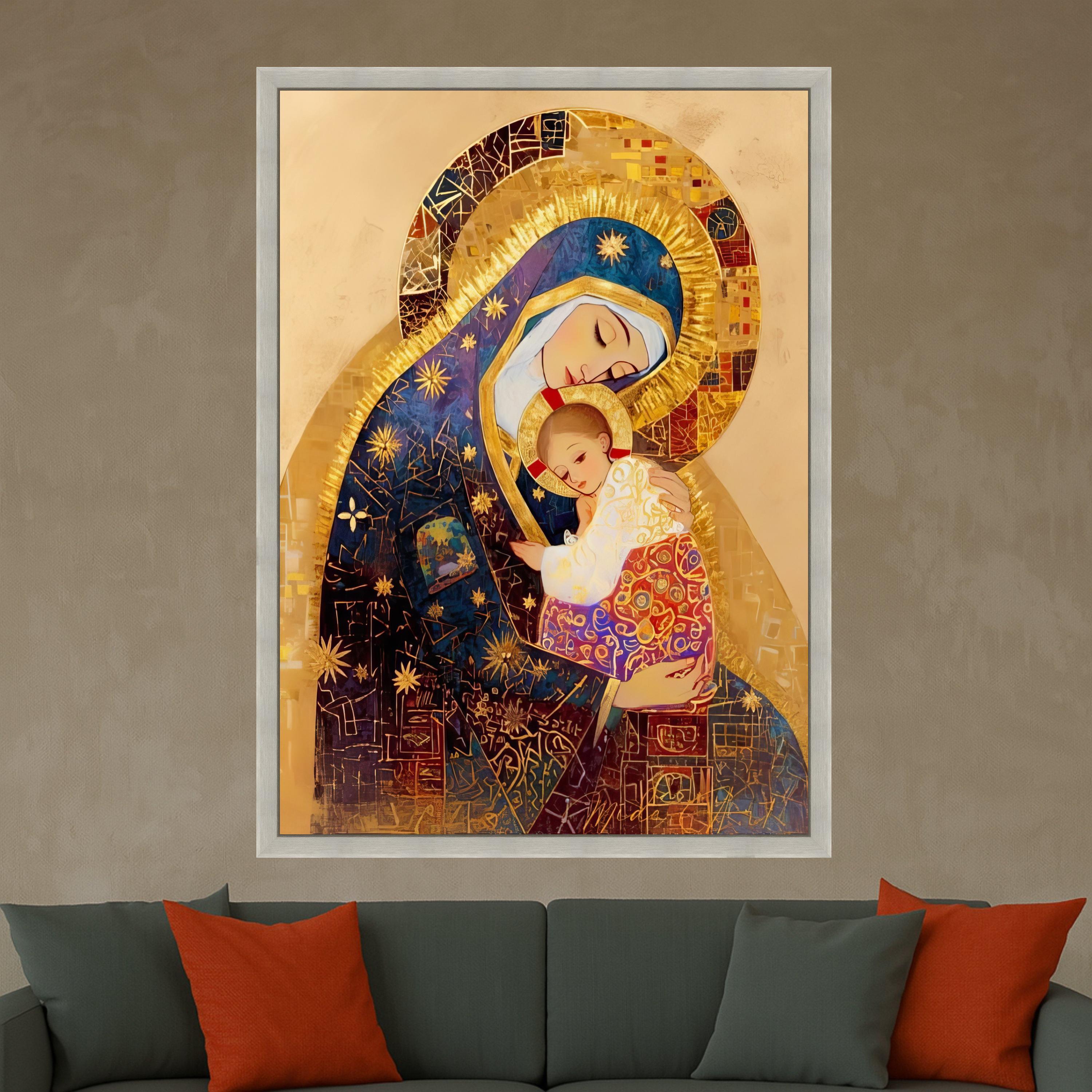 Sacred Madonna and Child Canvas Wall Art, Religious Icon Painting, Spiritual Christian Decor, Gold Embellished Artwork, Ready To Hang,