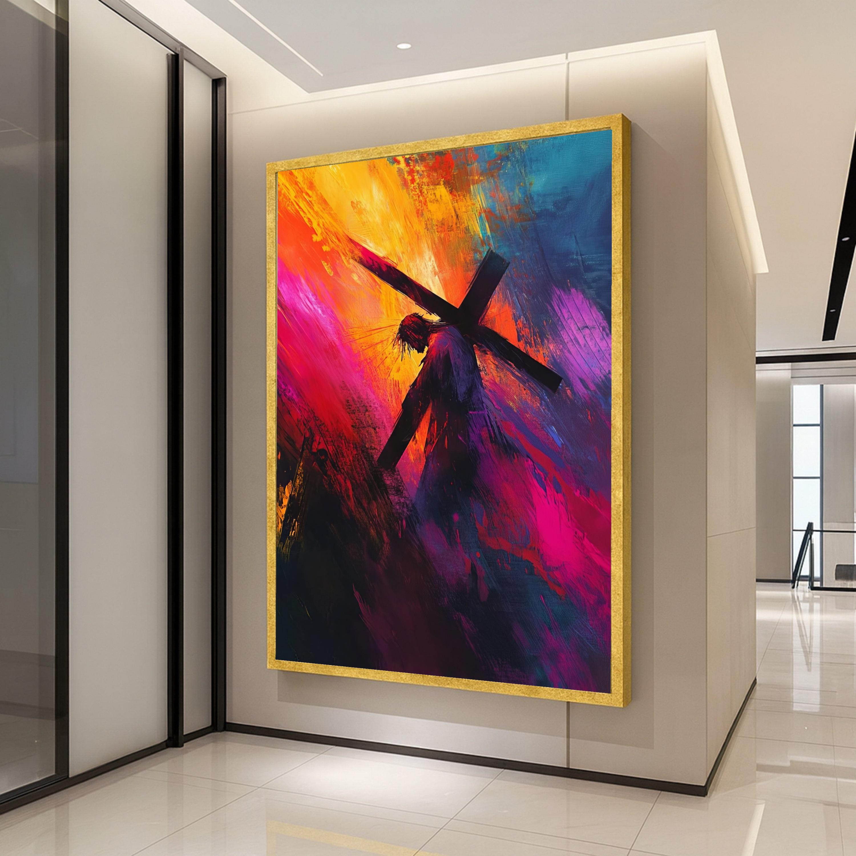 Jesus Carrying Cross Canvas, Abstract Christian Wall Art, Religious Canvas Painting, Spiritual Home Decor, Cross and Crown of Ready To Hang,